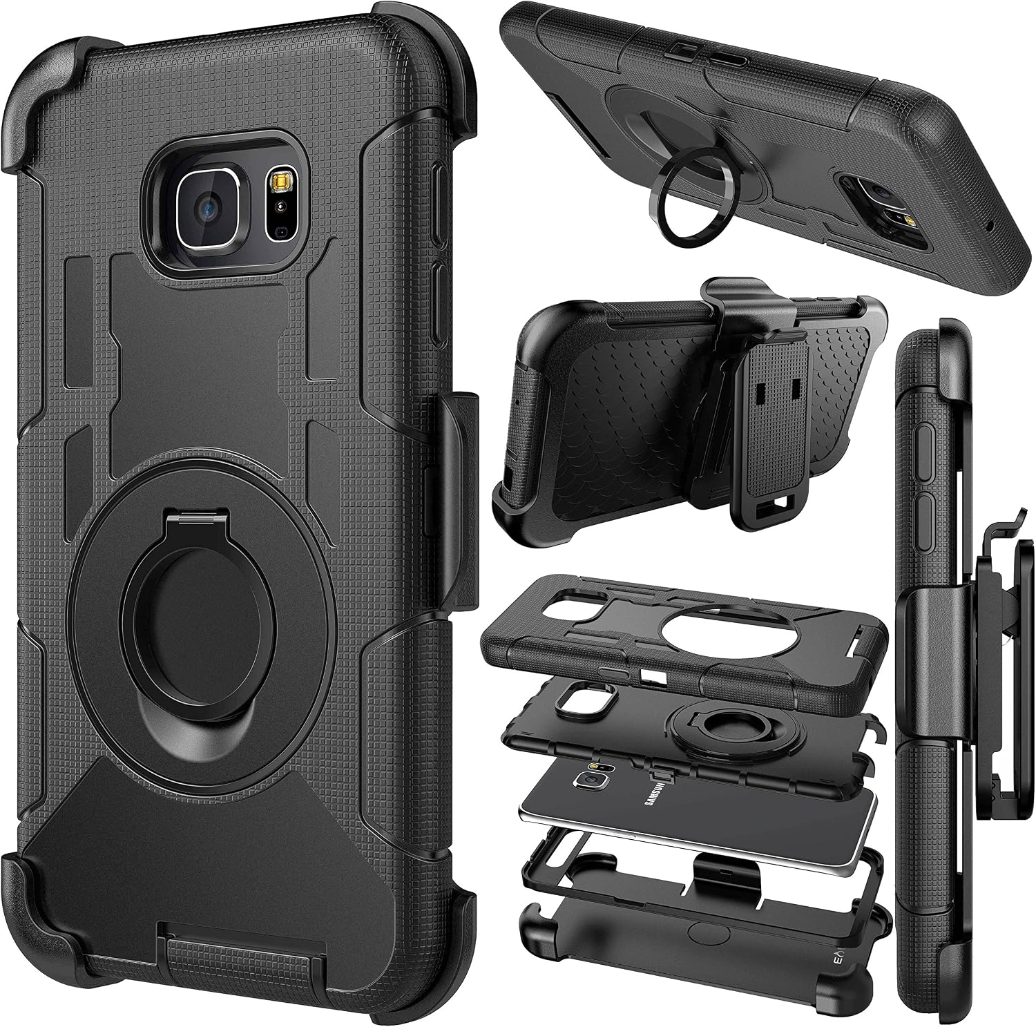 E LV Galaxy S6 Edge Plus Case Holster Dual Layer Armor Defender Protective Case Cover with Kickstand and Belt Swivel Clip for Samsung Galaxy S6 Edge Plus case - Black