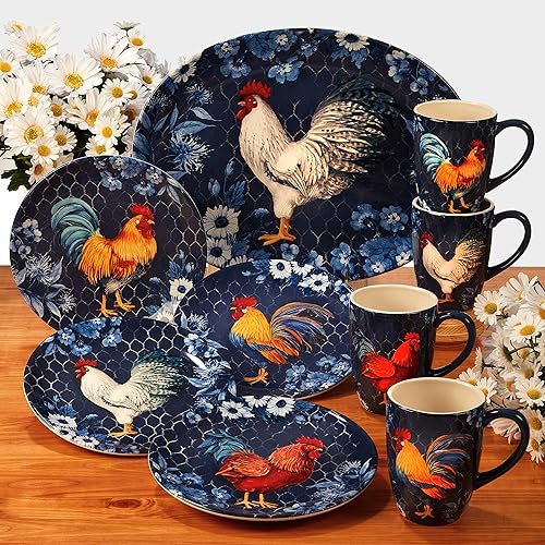 Miniatura 7 de Certified International Indigo Rooster - Juego de vajilla de 16 piezas, servicio para 4