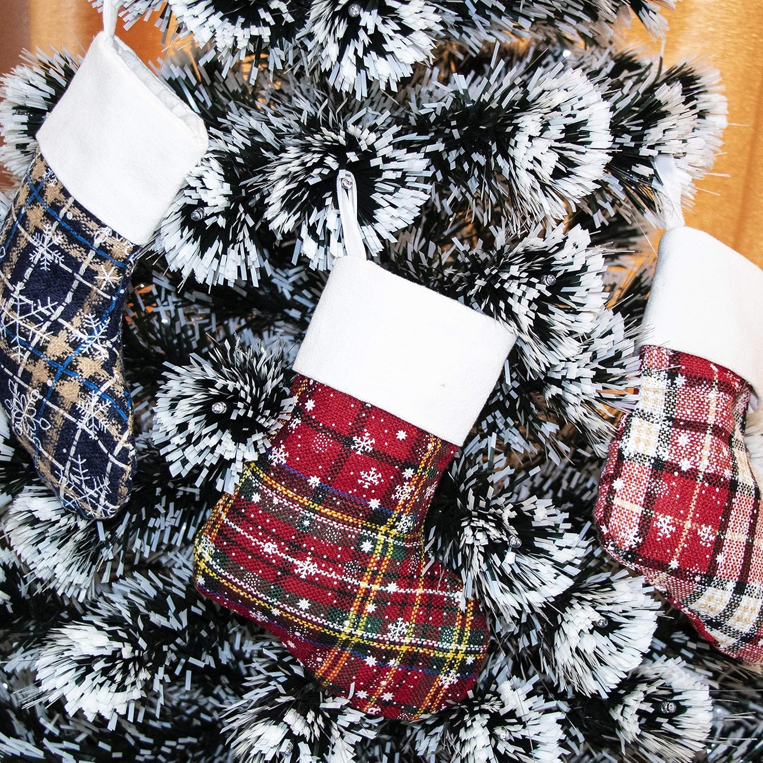 JEKOSEN Mini Christmas Stocking Ornament Glitter Plaid Snowflake Print Candy Gift Bag Holders for Kids, Xmas Tree, Home, Garden, Family Fireplace Decorations (16)