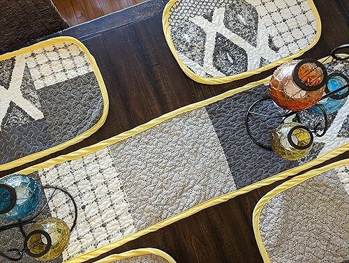 Miniatura 8 de Handcrafted in the USA, Set of 6 Patchwork Quilted Placemats 100% Cotton Embodying Farmhouse Elegance in Artisan's Harmony of Grey Shades and yellow
