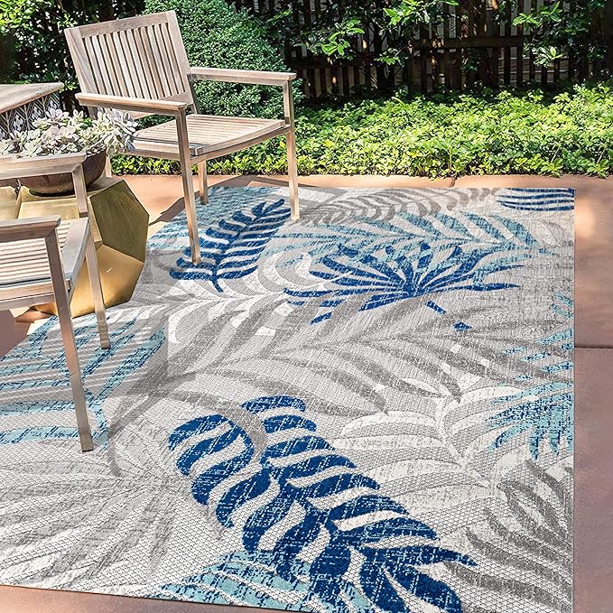 JONATHAN Y AMC100A-5 Tropics Palm Leaves Indoor Outdoor Area-Rug Bohemian Floral Easy-Cleaning High Traffic Bedroom Kitchen Backyard Patio Porch Non Shedding, 5 X 8, Gray/Blue
