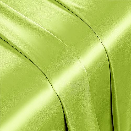 Miniatura 8 de Vonty Juego de sábanas de satén suaves y sedosas tamaño Queen, color verde lima, 1 sábana bajera de bolsillo profundo + 1 sábana encimera + 2 fundas