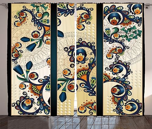 Ambesonne Cortinas abstractas, un diseño floral oriental de cachemira y batik, estilo dibujado a mano de un adorno con obras de arte de mandalas,