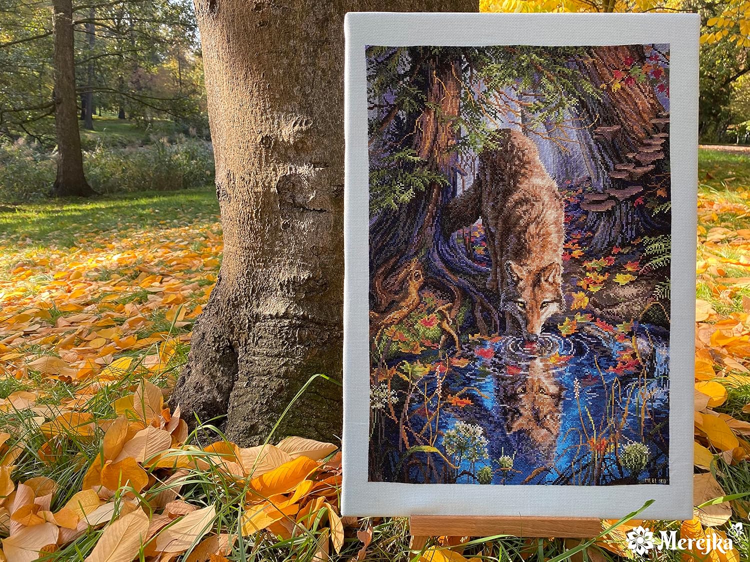 Merejka Counted Cross Stitch Kit - Wild Spirit (K-217) - Fox at Forest Stream Wildlife Art - Zweigart Aida 16 ice-Blue + DMC 42 Colors - 32.5x48cm (12.8x18.9in)