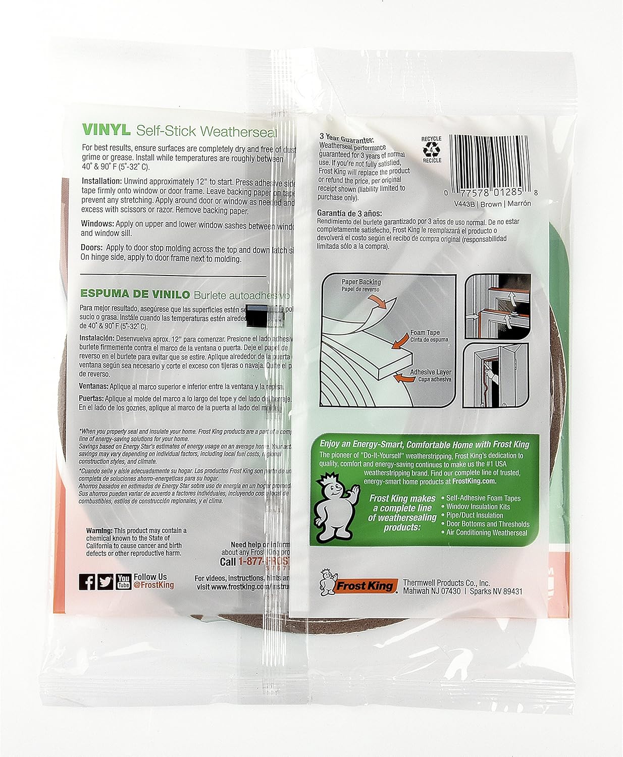 Frost King Vinyl Foam Tape - Closed Cell - Moderate Compression, 3/8" W, 3/16" Thick, 17' L, Brown