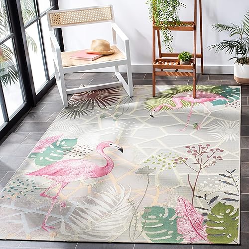 SAFAVIEH Barbados Collection - Alfombra decorativa de 4 x 6 pies, diseño de flamenco tropical, no desprende pelusa y de fácil cuidado, para