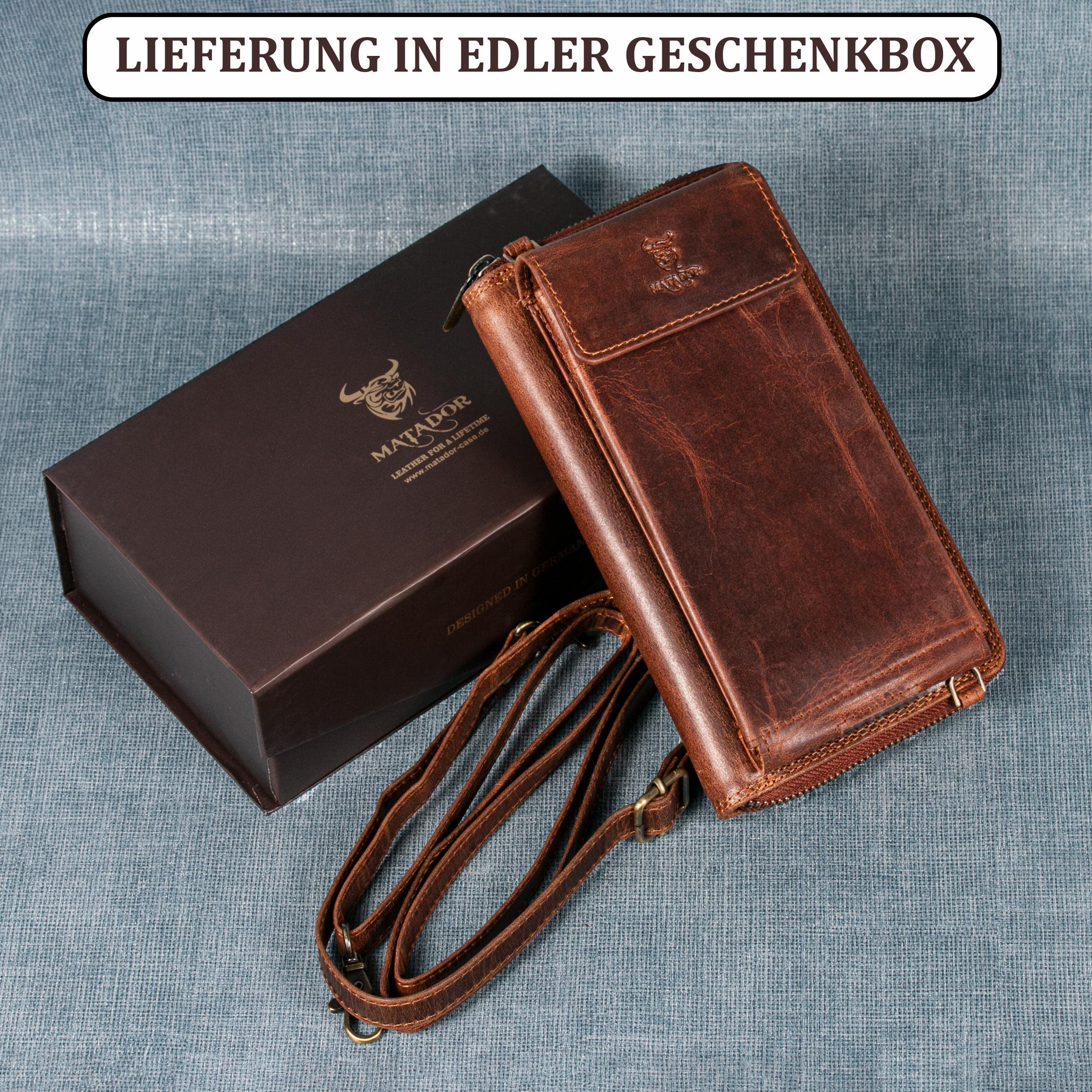 MATADOR 2in1 Echt Leder Umhängetasche Geldbörse mit Handytasche zum Umhängen Mittelgroß mit abnehmbarem Schultergurt| Strandtasche Damen-Umhängetaschen Leder mit RFID NFC Schutz Blocker & Geschenk Box