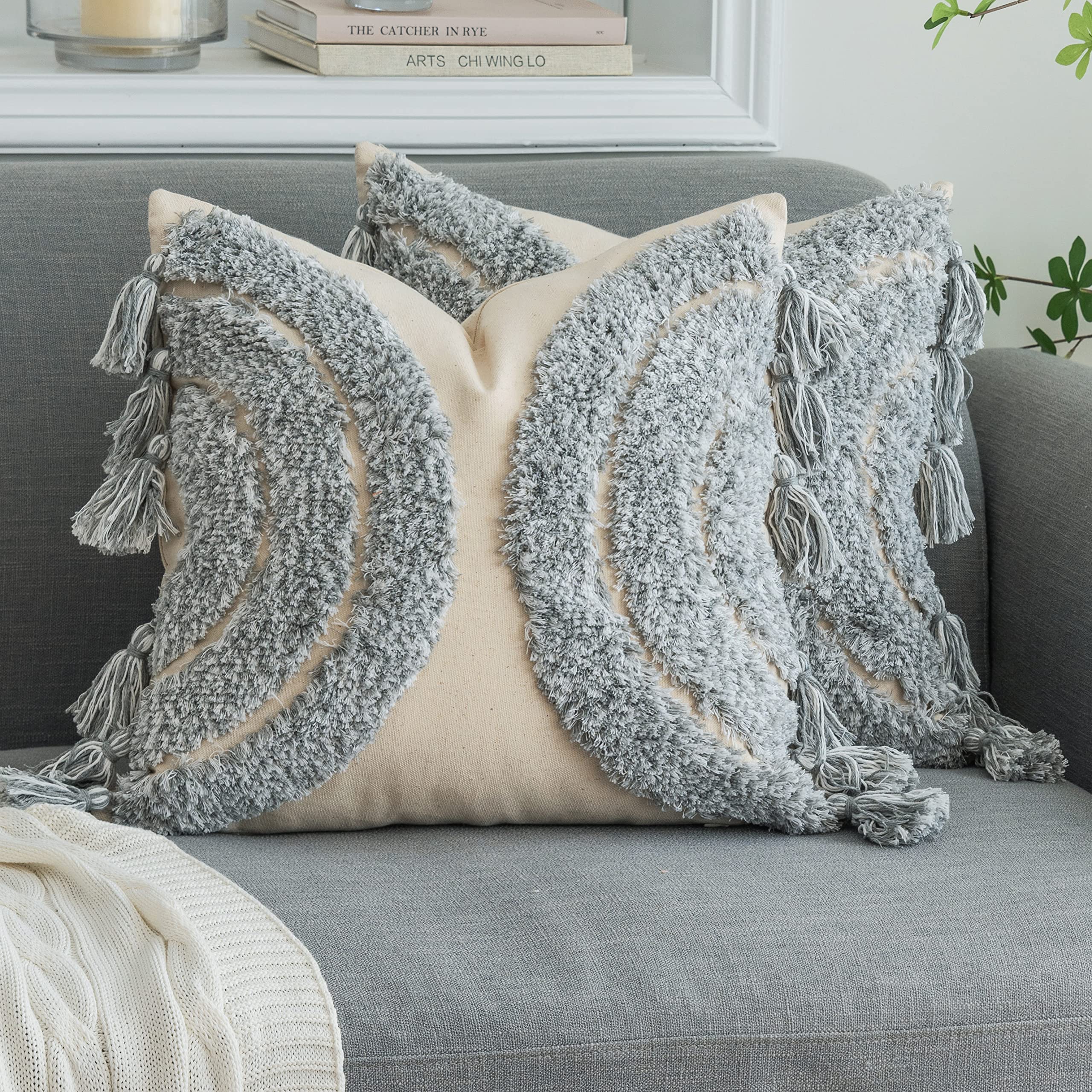 Foindtower Gorgeous Half Moon Accent Boho Tufted Decorative Throw Pillow Covers, Cozy Bohemian Rainbow Design Cotton Canvas Cushion Cover | Tassels Pillow Case Home Decor 18"X 18" Mixed Grey 2 Pack