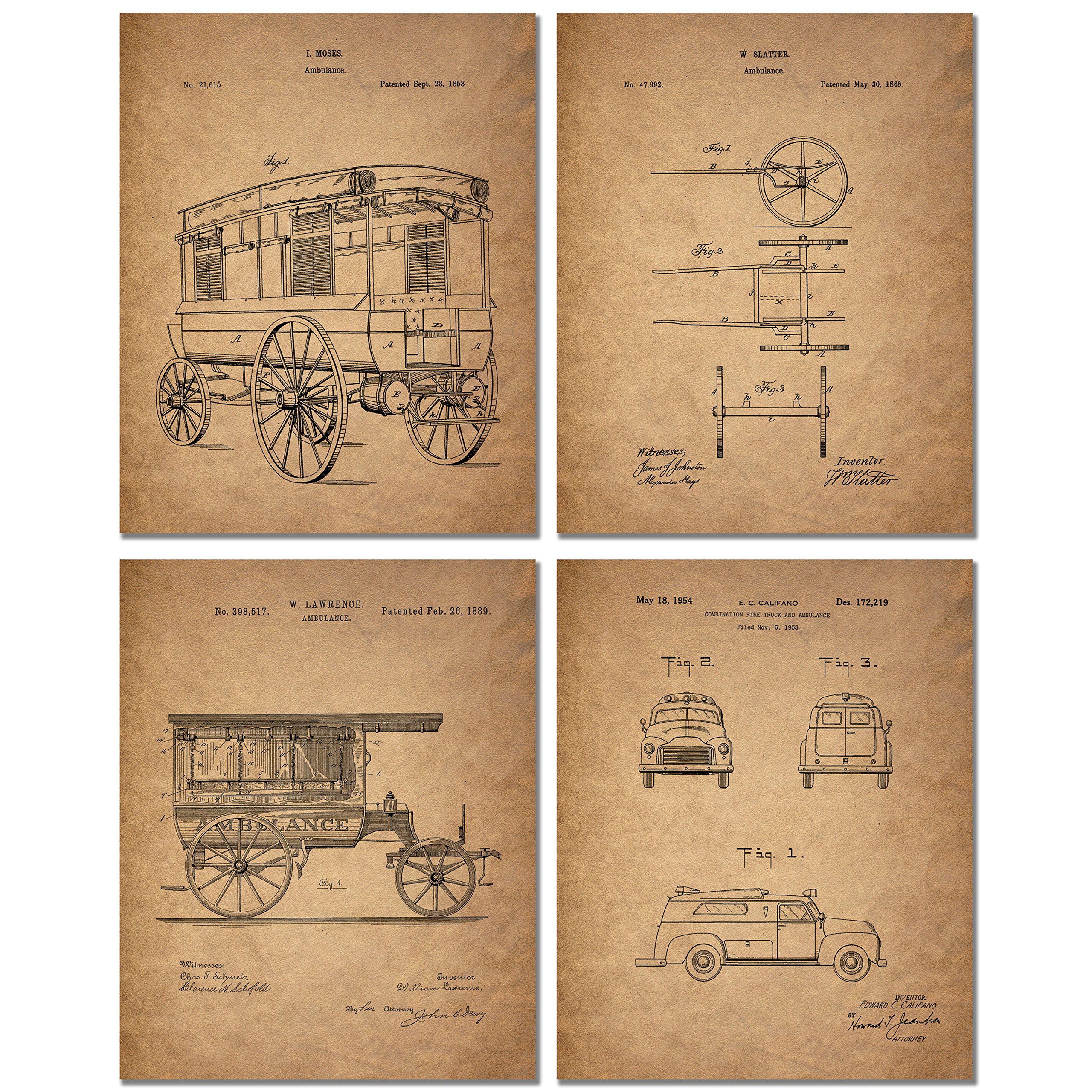 Ambulance Patent Art Prints - Set of 4 (8 inches by 10 inches) Photos - Great Gift for EMT Paramedic Nurse