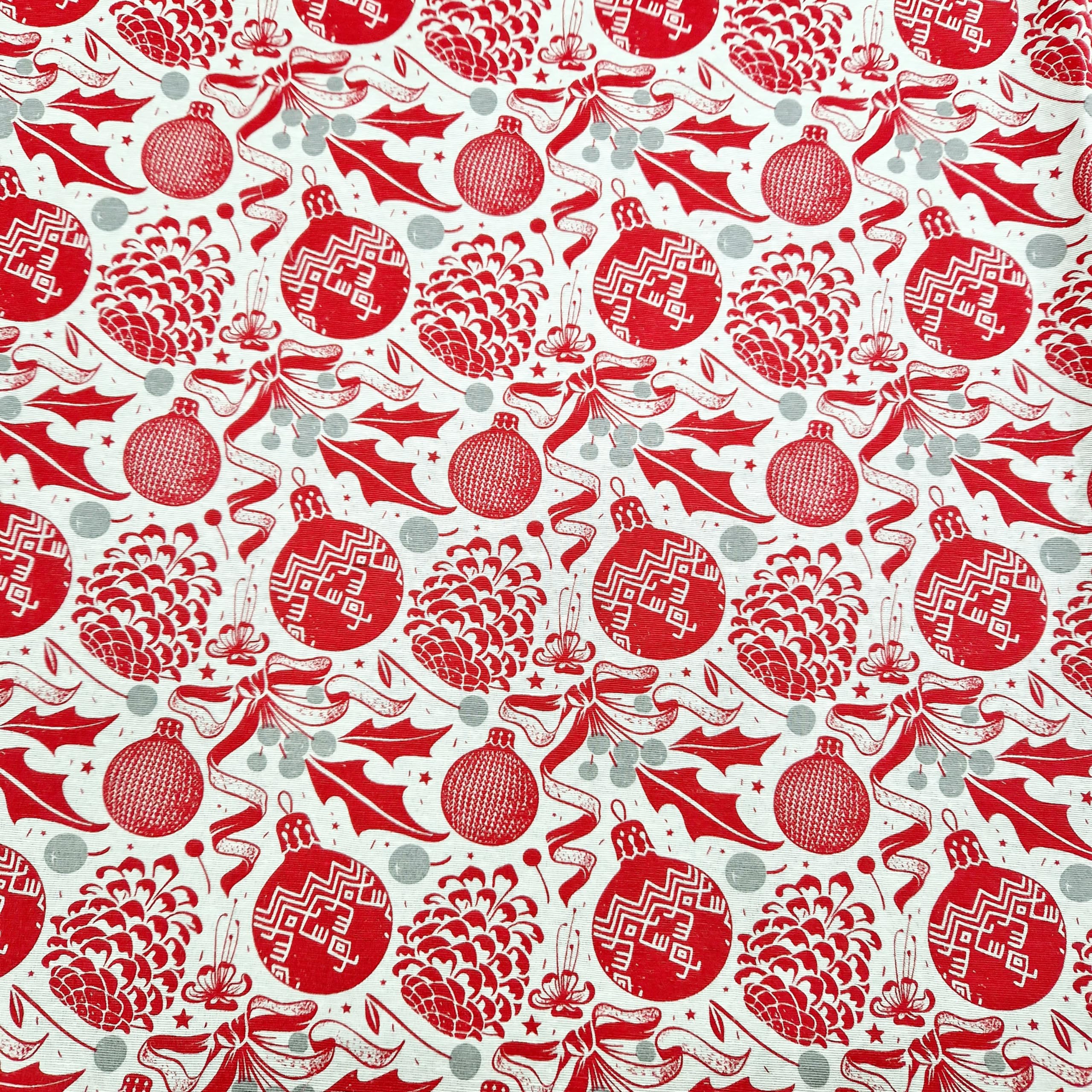 Glamour Secrets White Christmas Canvas Panama Fabric - Red Baubles Bows & Pinecones On - Xmas Craft Upholstery Fabric Material
