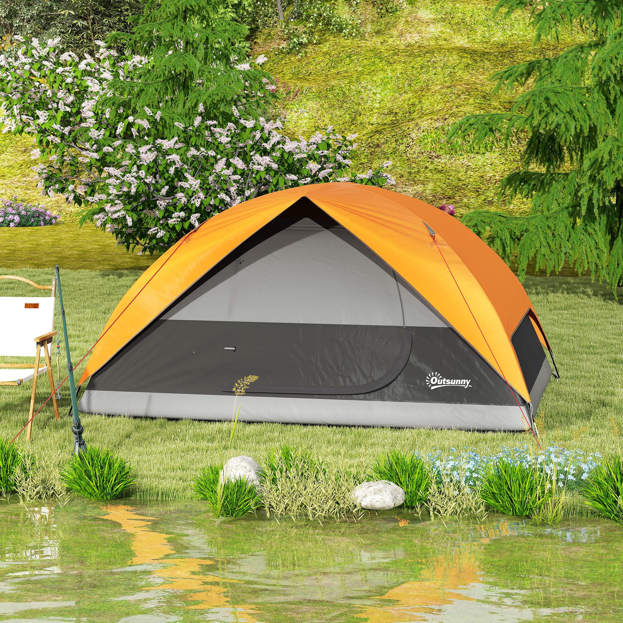 Outsunny Tenda da Campeggio Famigliare per 3 Persone, Tenda da Trekking a Cupola Impermeabile 3000mm con Porta di Ricarica, Tasche, Gancio per Lanterna e Borsa di Trasporto, Arancione e Grigio
