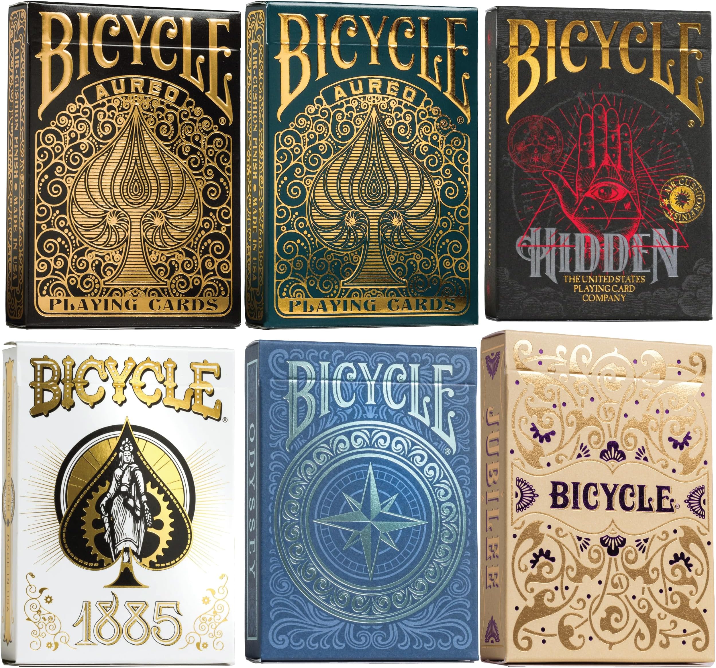 Bicycle Collector's Edition: 6-Deck Bundle Showcasing Odyssey, 1885, Jubilee, Hidden, Aureo Green, and Aureo Black Playing Cards