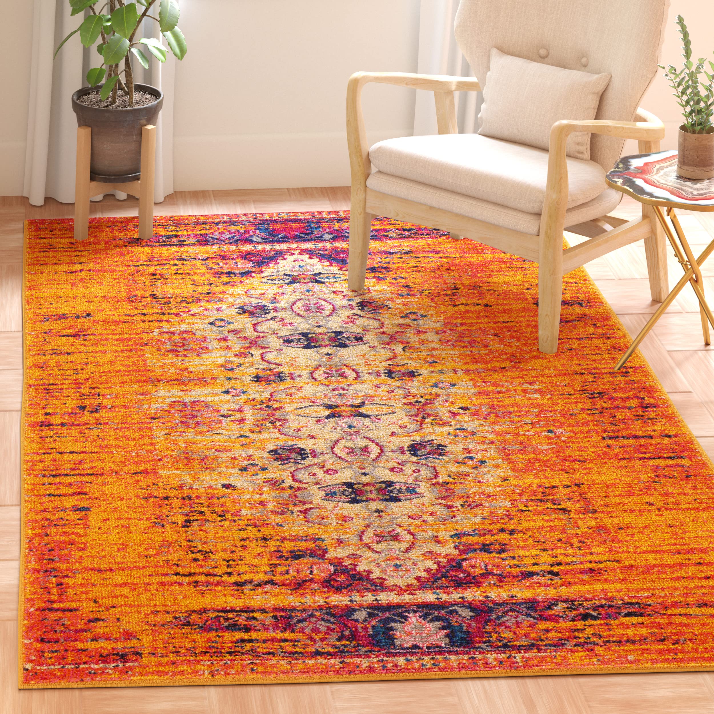 SAFAVIEH Tapis Boho Pour Salon, Salle à manger, Chambre à coucher - Monaco Collection, Tapis à poil court, Orange et Multi, 122 X 170 cm