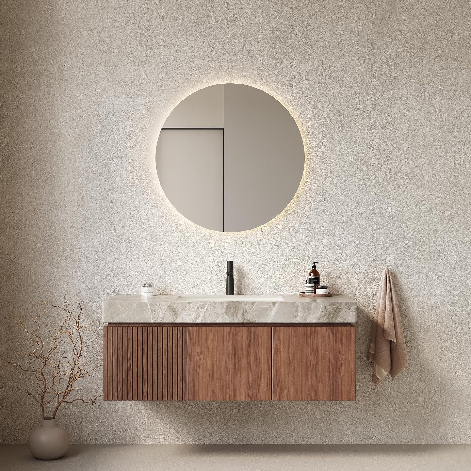 48" Bathroom Vanity with Sink, Wall-Mounted Storage Cabinet Light Gray Sintered Stone Top, Ceramic Basin Brown Oak Woodgrain