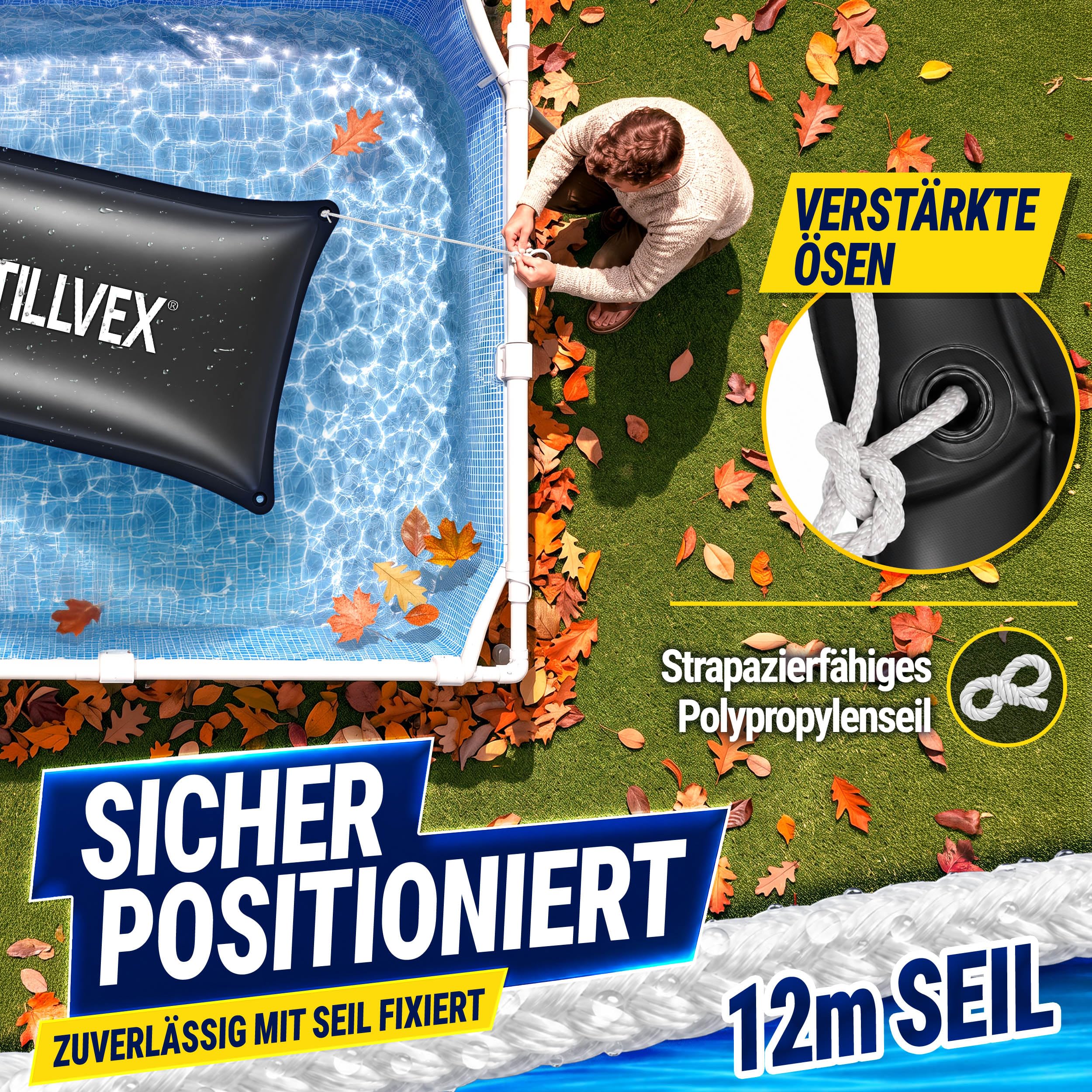 tillvex® Poolkissen Winter XXL 2x4m rechteckig + 12m Seil & Reparaturkit | Luftkissen zur Poolabdeckung frost- & chlorbeständig bis -20°C | Winterkissen inkl. Schraubventil | Kissen Überwinterung Pool