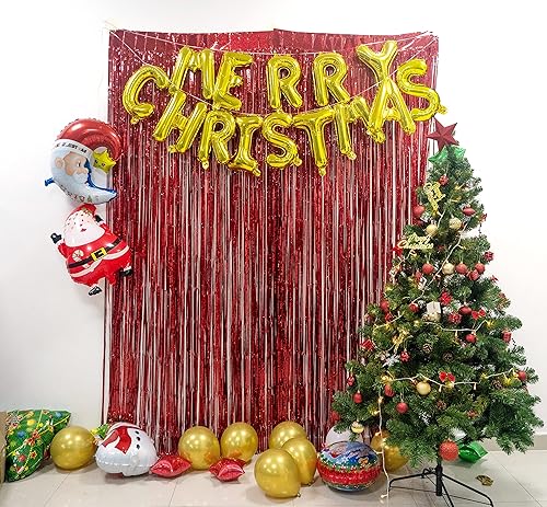 Miniatura 5 de GREATRIL Cortinas de flecos de oropel rojo y verde para fiesta de Navidad, telón de fondo de cabina de fotos, 3.2 pies x 8.2 pies x 4 paquetes