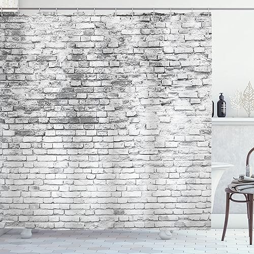 Ambesonne Cortina de ducha de pared de ladrillo, impresión de imagen de arquitectura de mampostería desgastada y agrietada, juego de decoración de