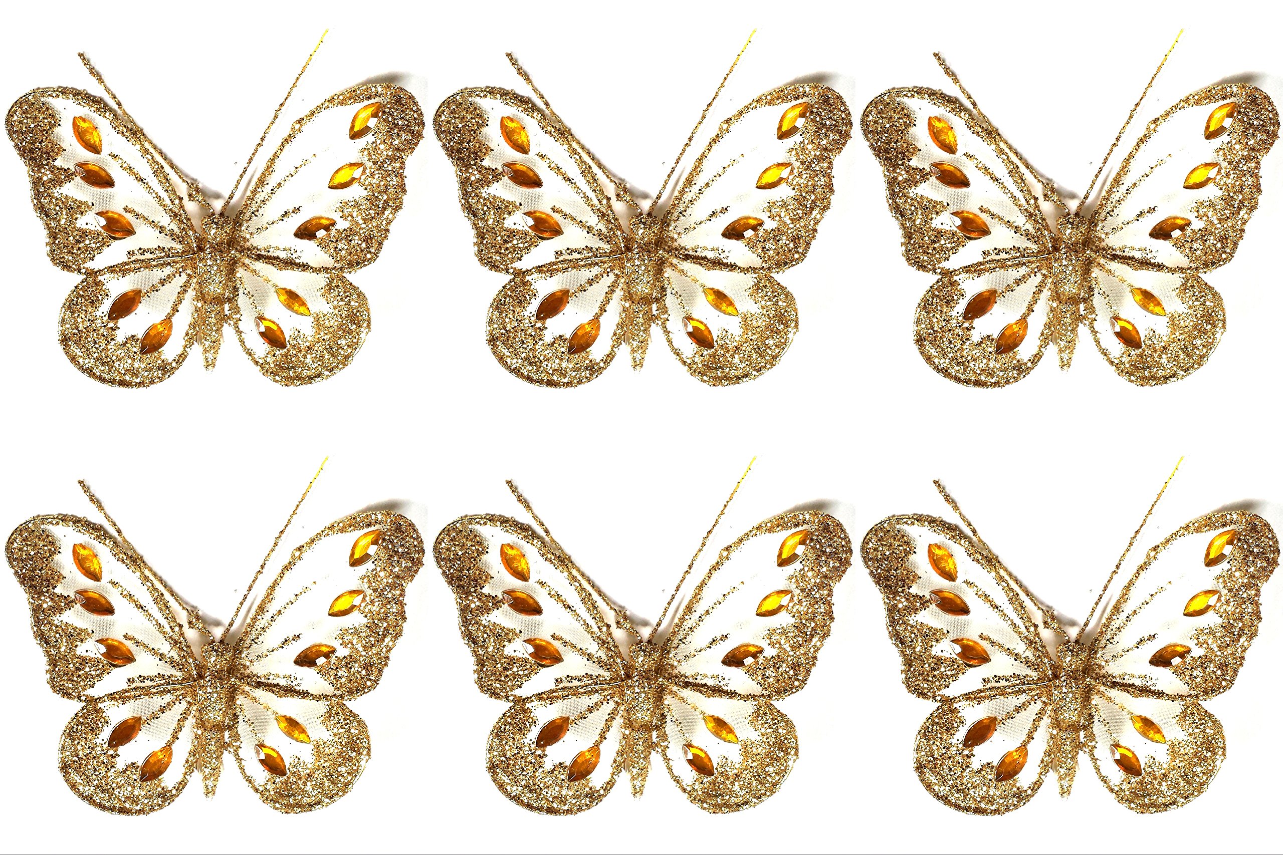 SET OF 6 Clip On Jewelled Glitter Mesh Decorative Butterflies 8cm (GOLD)