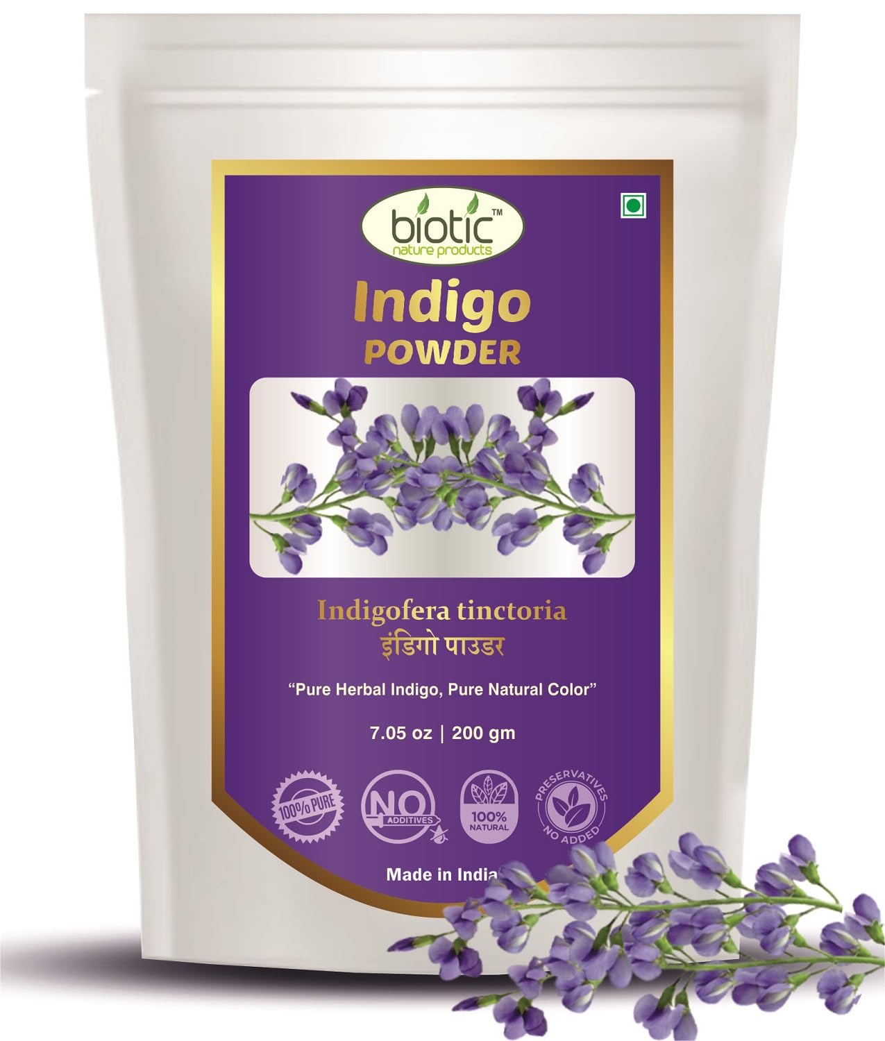 Biotic Natural and Herbal Indigo Powder for Hair Colour - Natural Organic Hair Dye for Black Brown Color for Men Women - 200gm