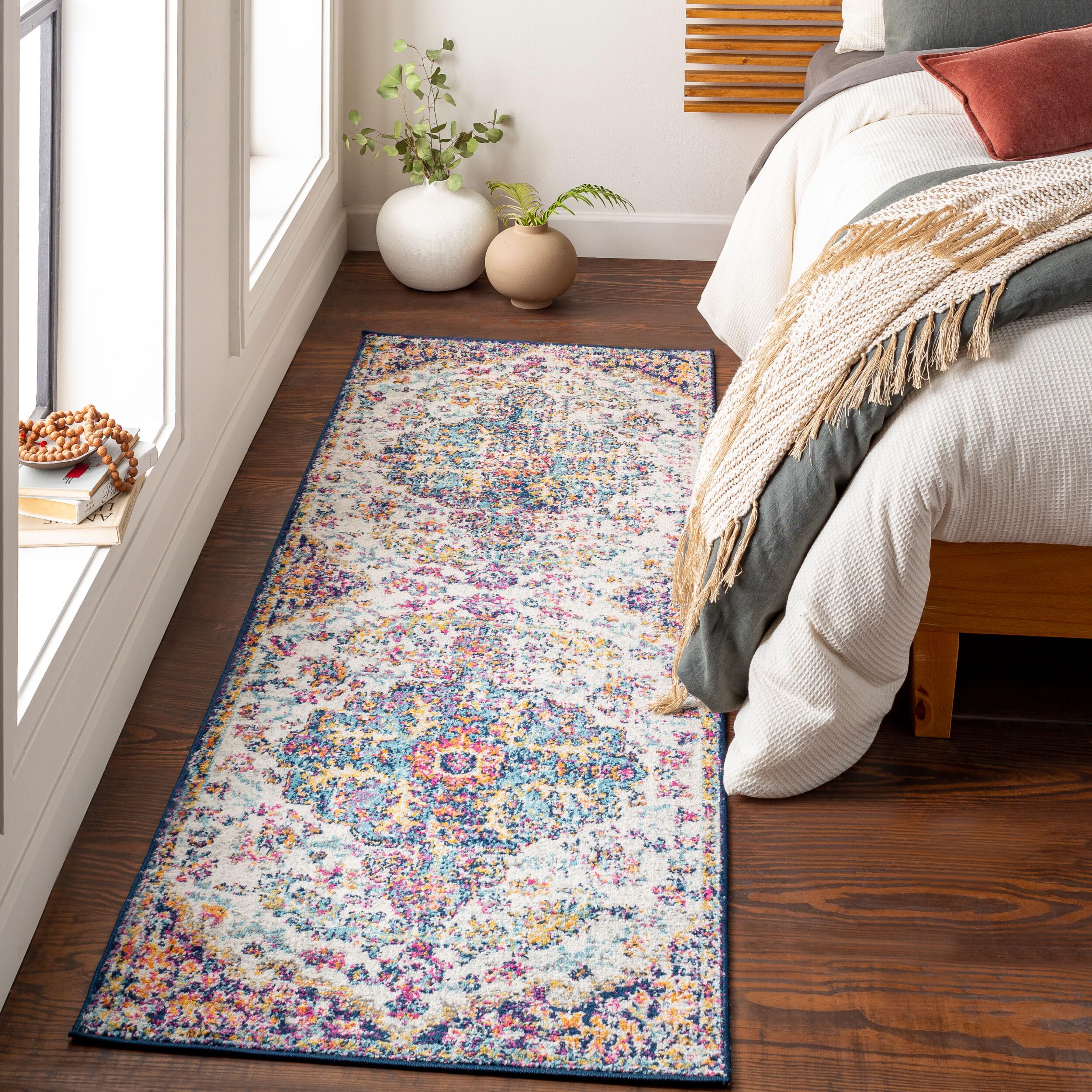 Livabliss Lou Asmara Vintage Runner 80x220 cm – Scandi Boho Pattern for Hallway & Living Room, Easy Care Floor Covering, Burgundy Blue