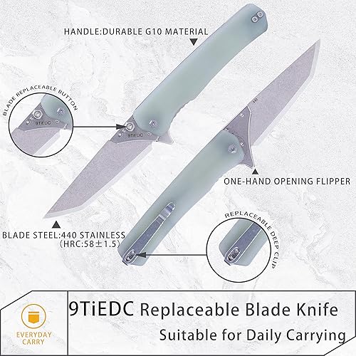 Miniatura 7 de Cuchillo plegable de bolsillo, 4 cuchillas reemplazables, hoja de acero 440 de 3.5 pulgadas, mango G10, cuchillo EDC con clip de bolsillo para