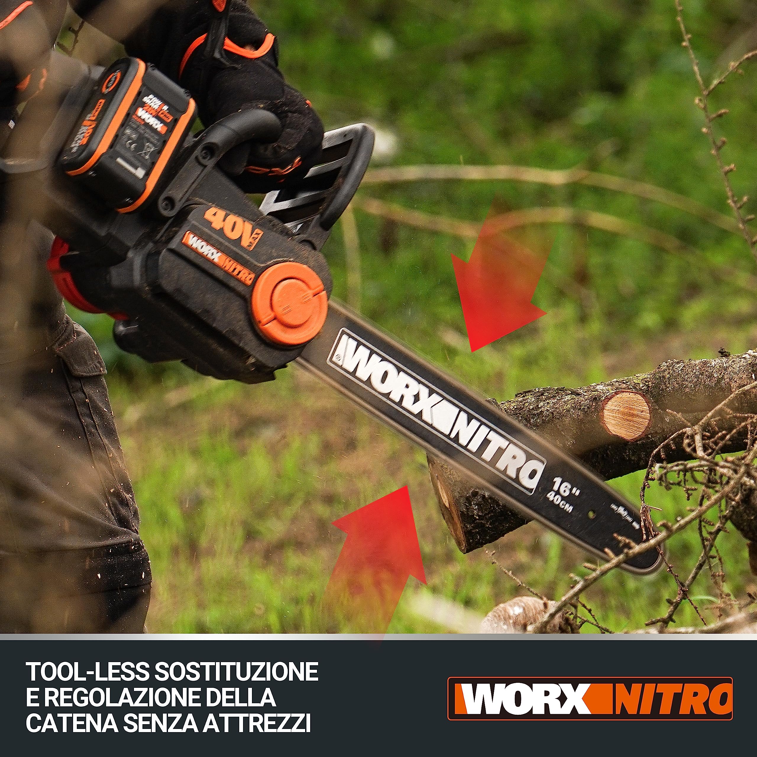 WORX WG385E Elettrosega Nitro a batteria 40V | PowerShare | Include 2 batterie da 2 Ah e caricatore doppio | 40 cm di barra | lubrificazione automatica