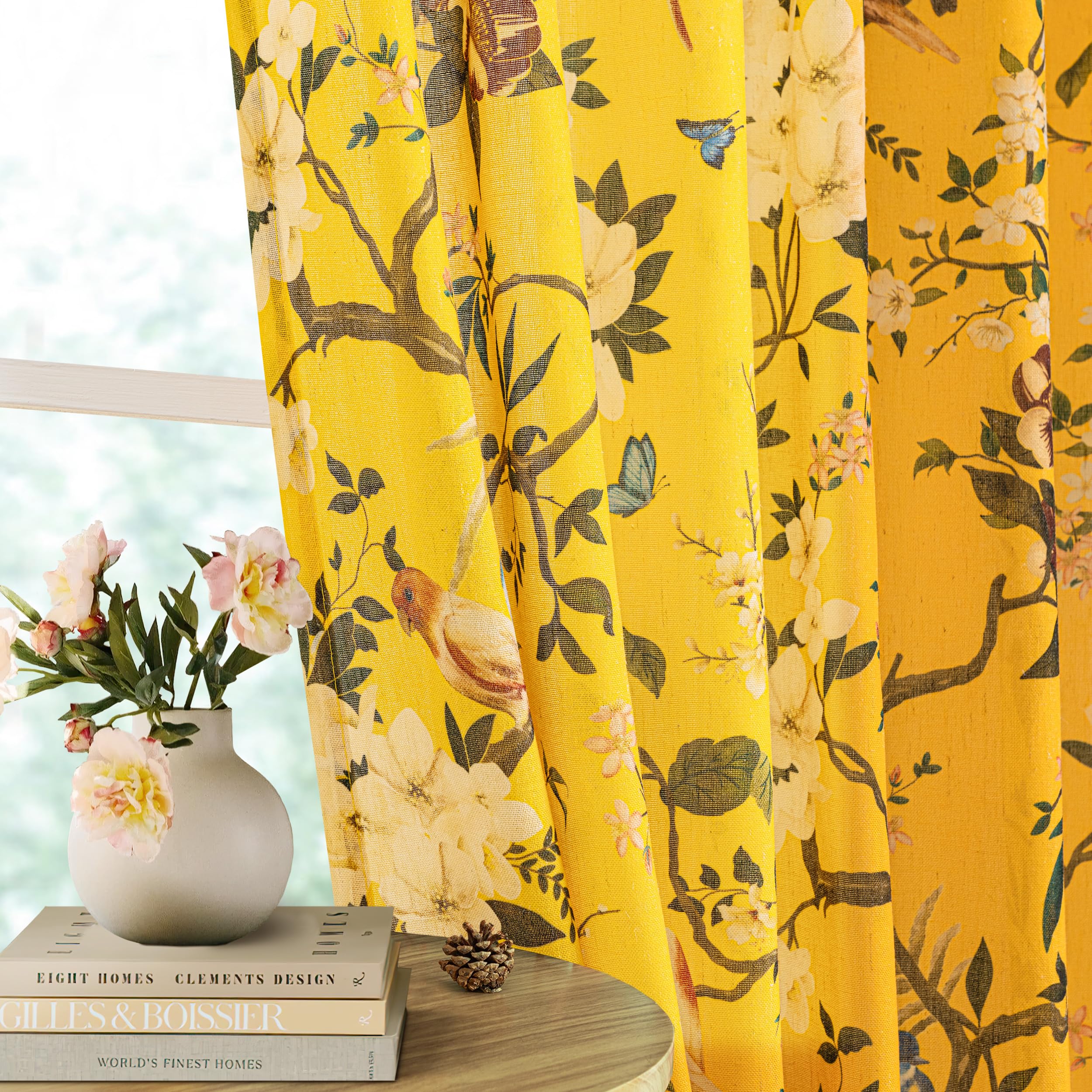 Boho Mustard Yellow Floral Bird Semi Sheer Linen Curtains 96 Inch Length for Living Dining Room 2 Panels Back Tab Farmhouse Vintage Mid Century Light Filtering Leaf Flower Patterned Bedroom Drapes