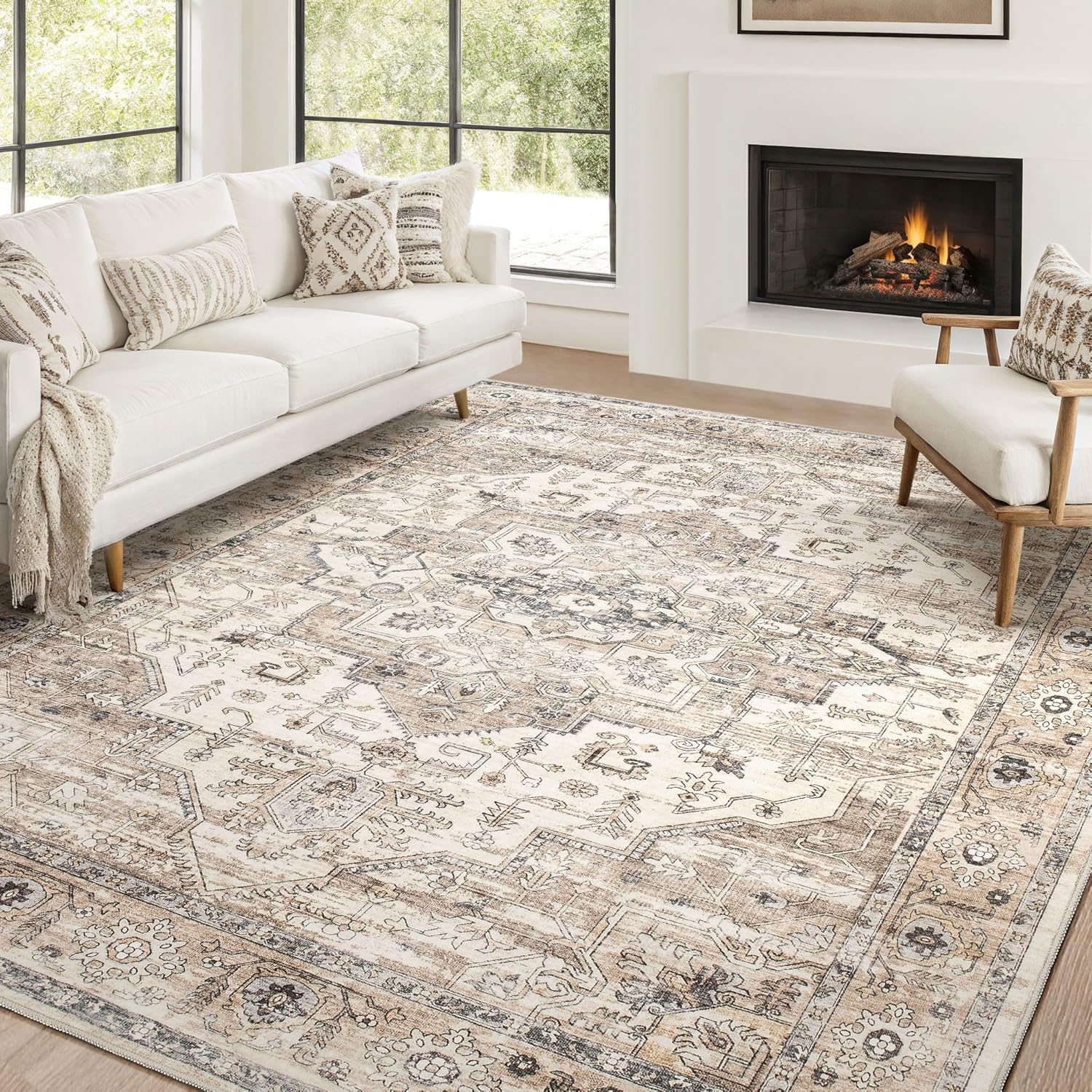 Area Rug 10x12 Washable Vintage - Soft Traditional Rugs for Living Room Large Non Slip Backing with Low Pile Farmhouse Oriental Retro Carpet for Bedroom Dining Room or Home Office - Tea Brown Tea Brown 10' x 12'