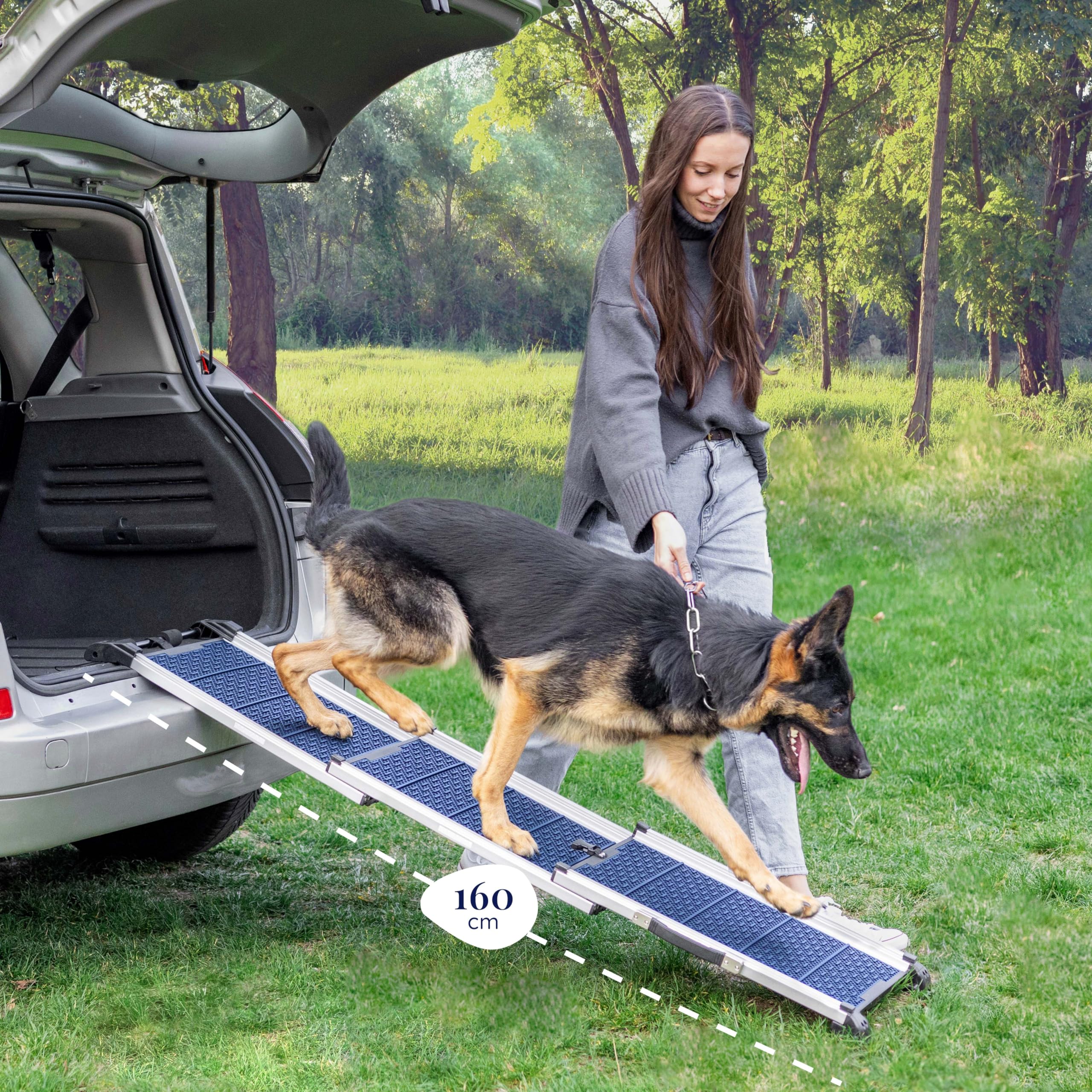Samochodowa rampa dla psów, składana, teleskopowa, aluminiowa rampa dla dużych psów, stabilne schody dla psów do samochodu i SUV-a, antypoślizgowe, odblaskowe boki, obciążenie 90 kg, klips mocujący,