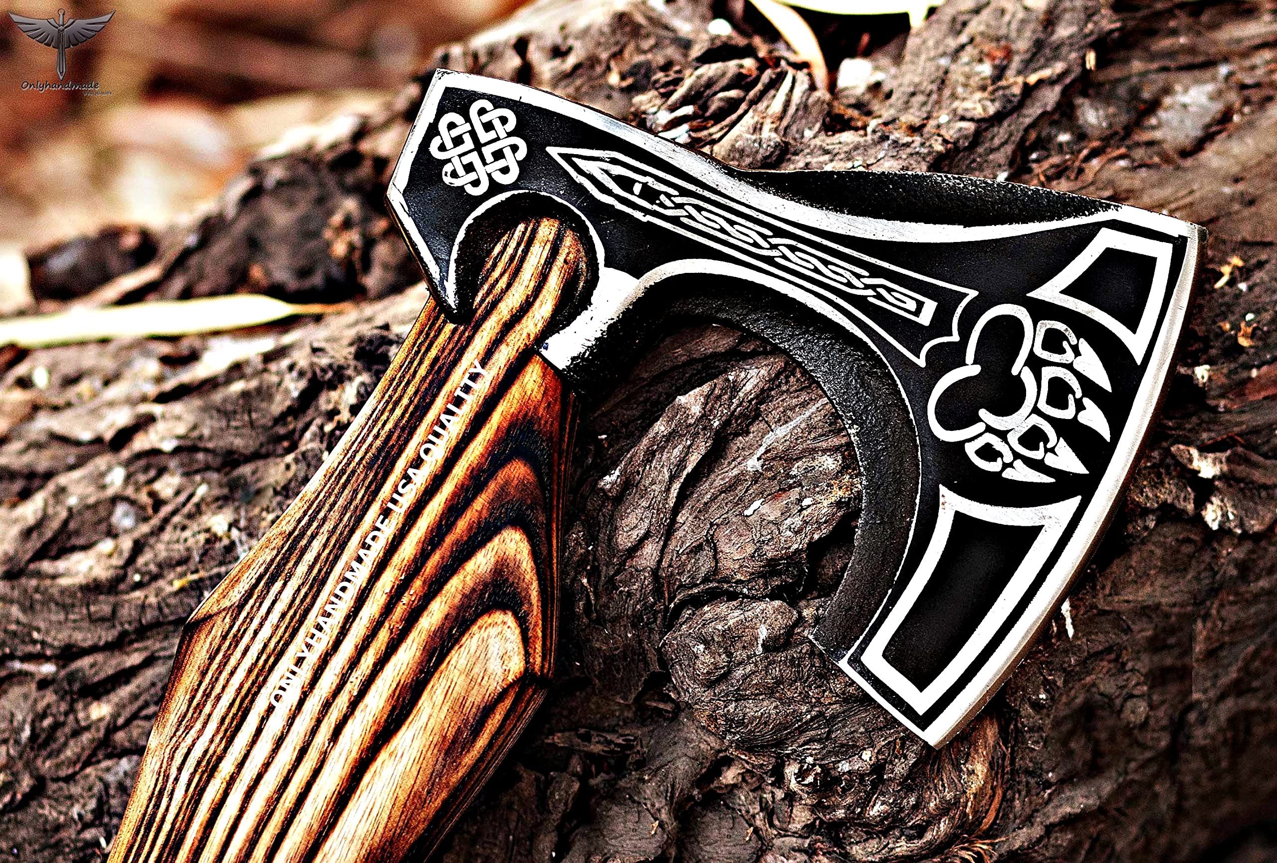 ONLYHANDMADE USA QUALITY Custom Gift Forged Carbon Steel Viking Axe with Rose Wood Shaft, Viking Bearded Camping Axe & Hatchet, Best Birthday Gift for Him, 18 Inches (Valhalla Axe)