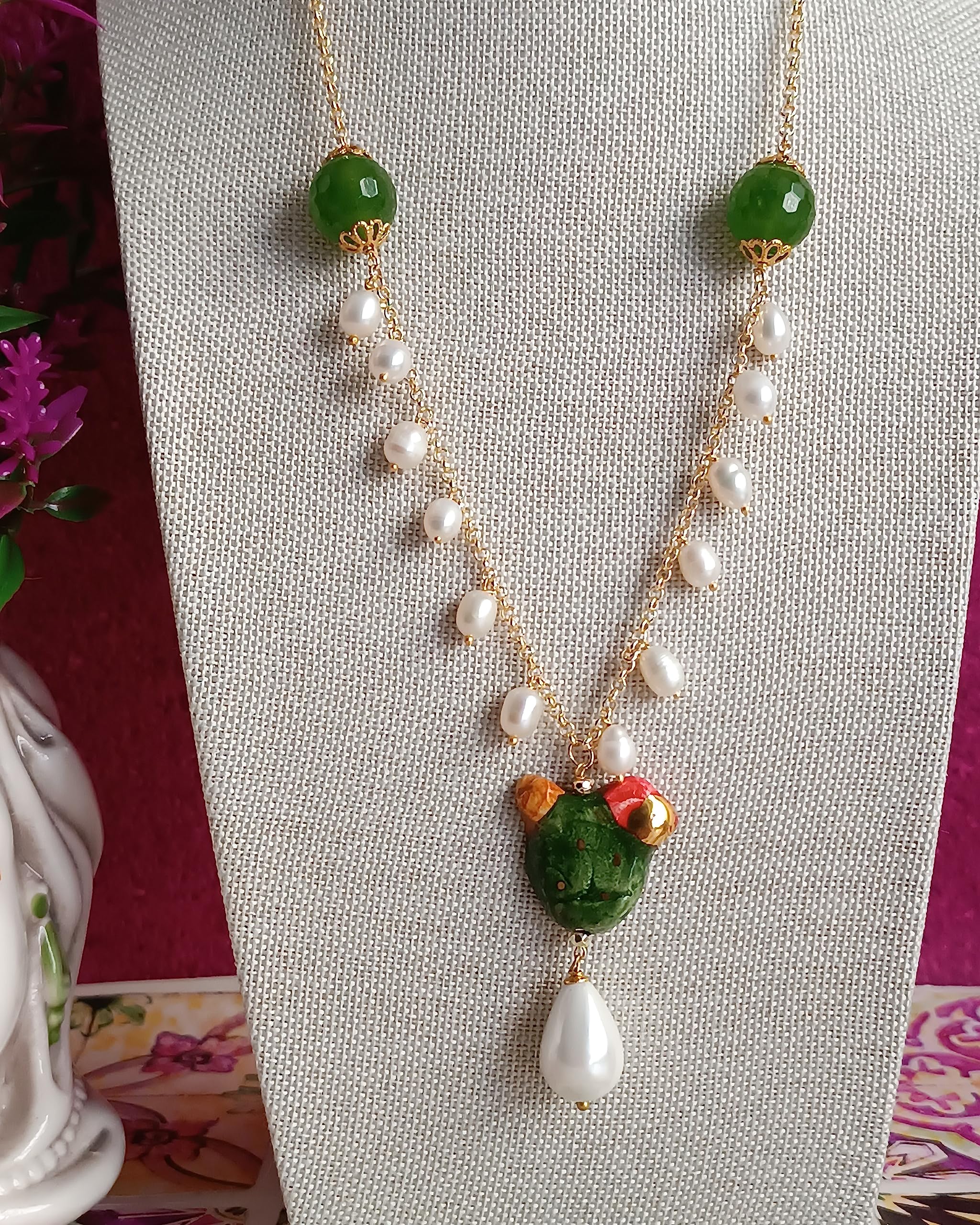 Collana a Catena con Fico d'India in Ceramica di Caltagirone e Perle di Fiume