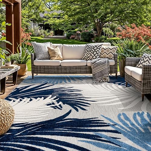 Rugshop Lucca - Alfombra floral contemporánea para interiores y exteriores, 6 pies 6 pulgadas x 9 pies, color azul marino