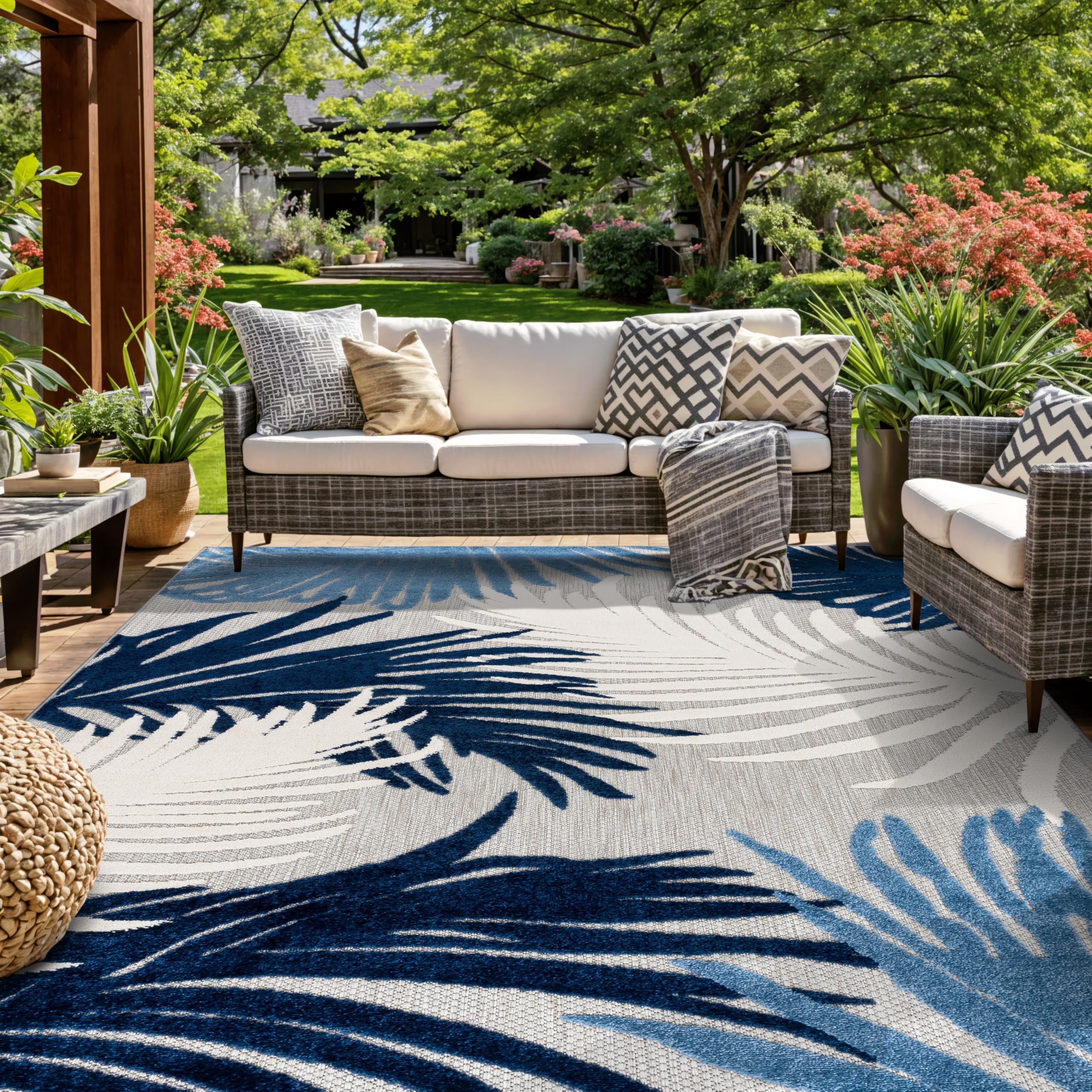 Rugshop Navy Lucca Contemporary Floral Indoor/Outdoor Area Rug Durable Polypropylene, Weather Resistant, Easy to Clean for Backyard, Deck and Outdoor