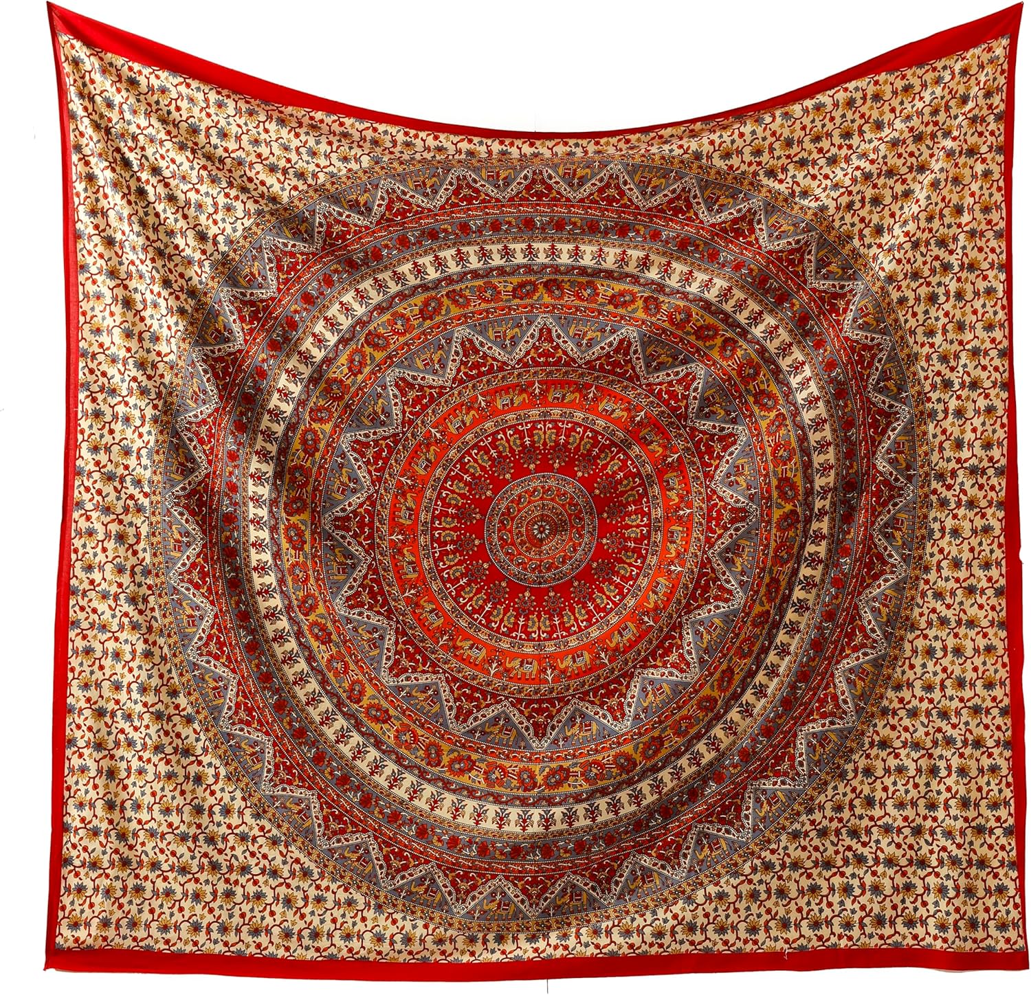Popular Handicrafts Wall Hanging Tapestry for Bedroom Hippie Mandala Bohemian Psychedelic Intricate Floral Design Tapestries Bedspread 84 x 90 Inches (215cm x 230cm) Red Yellow