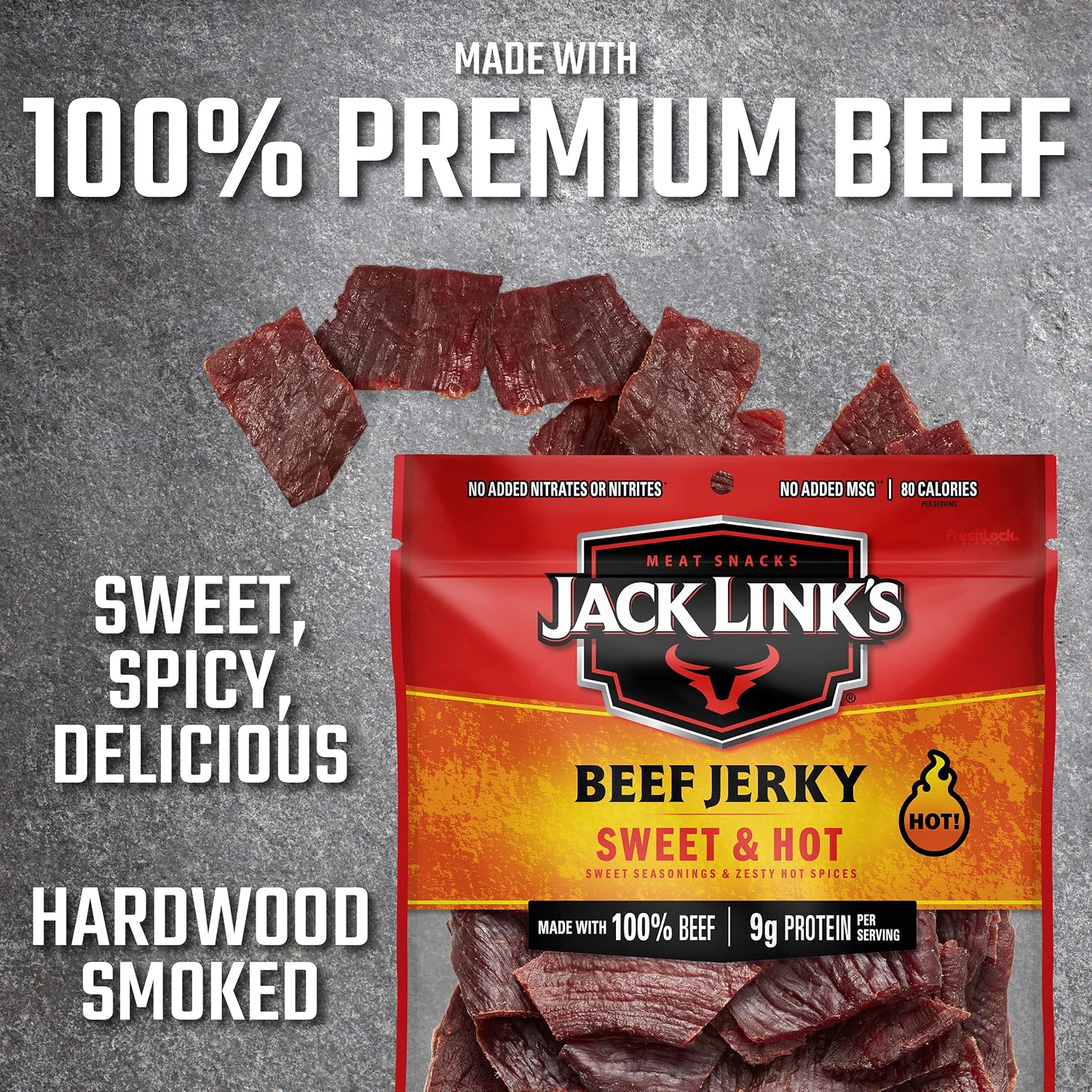 Jack Link’s Beef Jerky, Sweet & Hot Flavor, 2.85 oz. – Flavorful Meat Snack, 9g of Protein and 80 Calories, Made with Premium Beef - 96 Percent Fat Free, No Added MSG or Nitrates/Nitrites