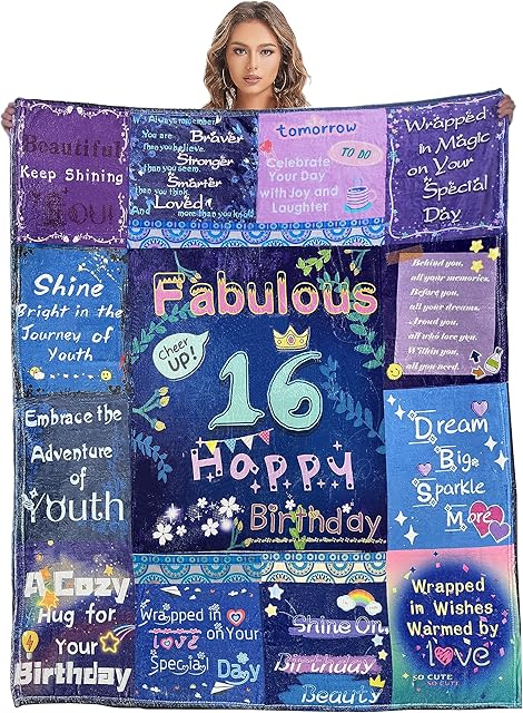 WDong 16th birthday gifts girl, Birthday Blanket 16th birthday gifts for girls gifts for 16 year old girls, 16th Birthday Gift Ideas, Flannel Blanket 51*59inch, daughter birthday gifts (130 * 150 cm)