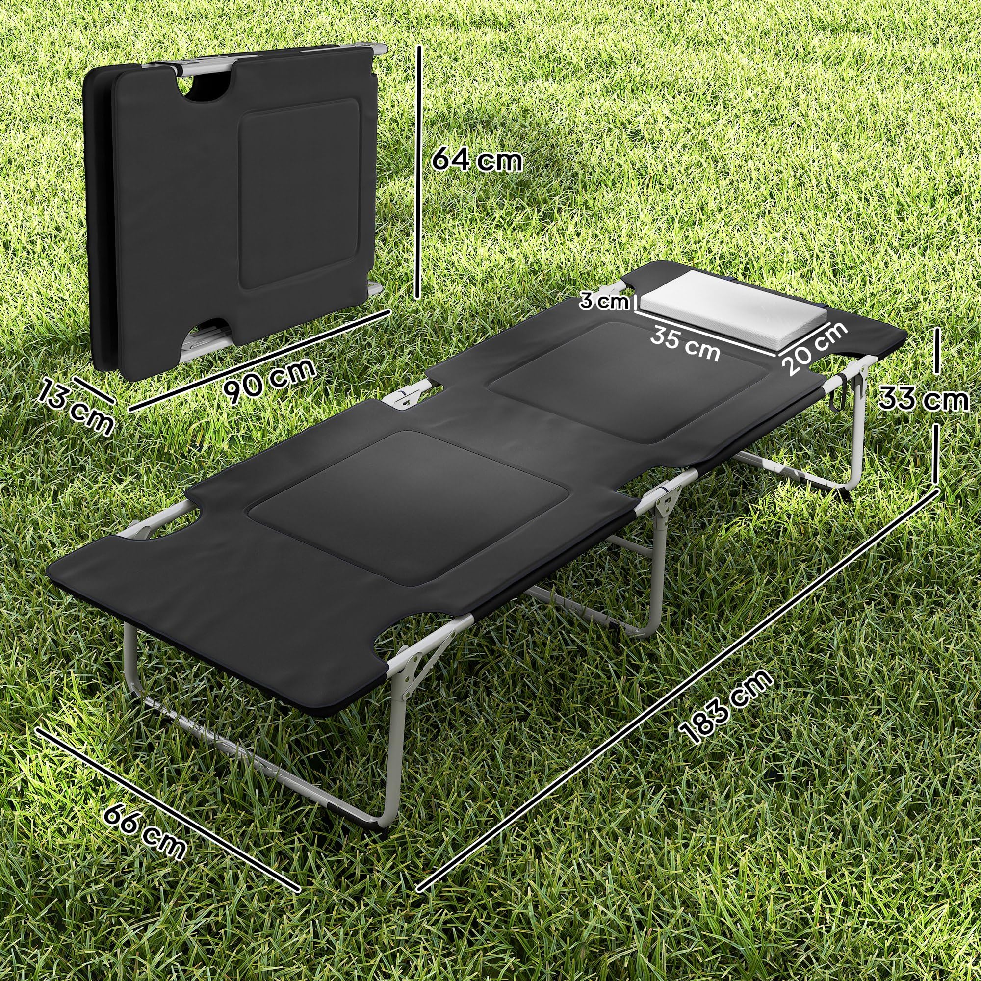 Outsunny Letto da Campeggio, Brandina Pieghevole e Imbottita con Cuscino, Nero 183 x 66 x 33cm