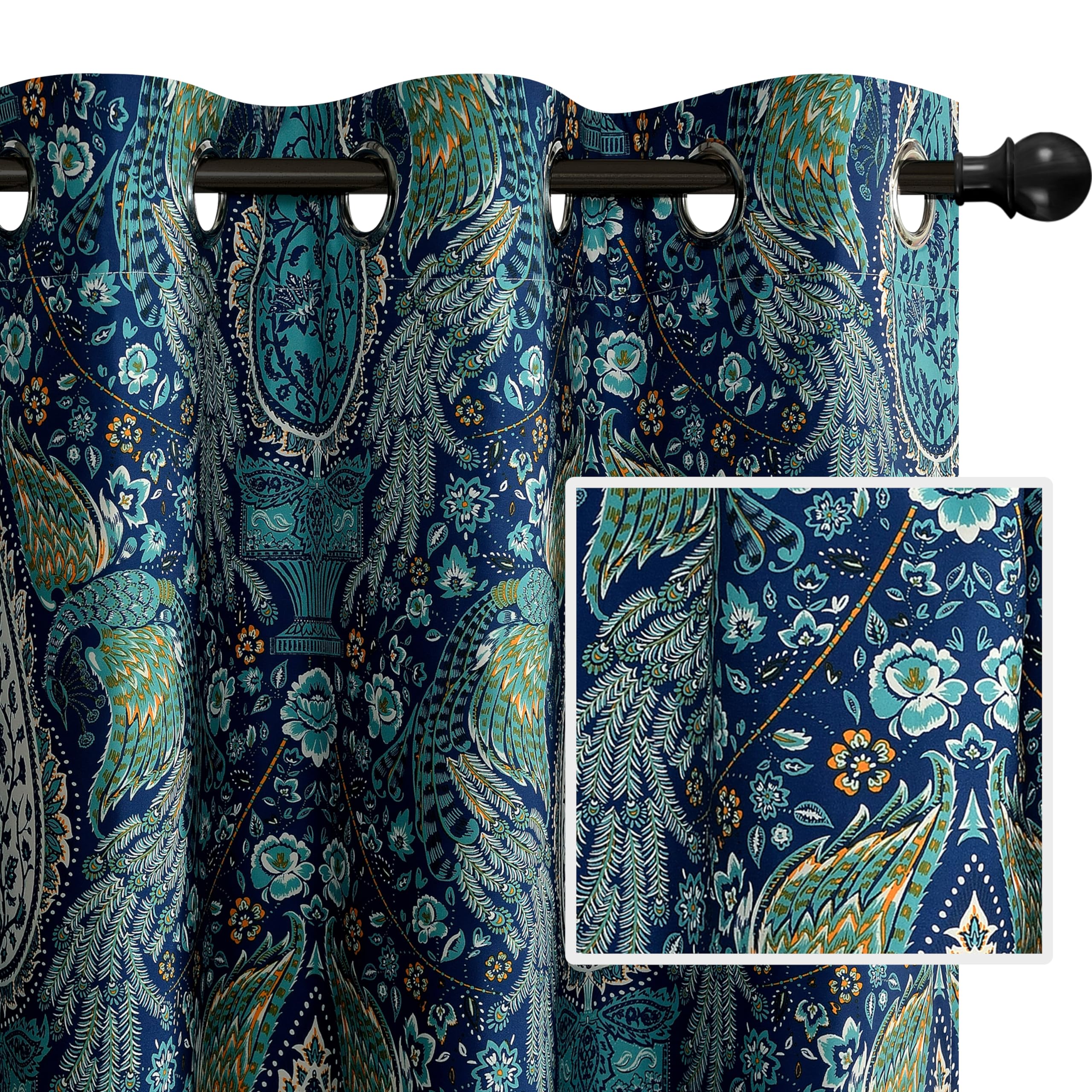 DriftAway Christmas Curtains for Bedroom 84 Inch Room Darkening Blackout Medallion Floral Peacock Pattern for Living Room Window Drapes Grommet 2 Layers 2 Panels