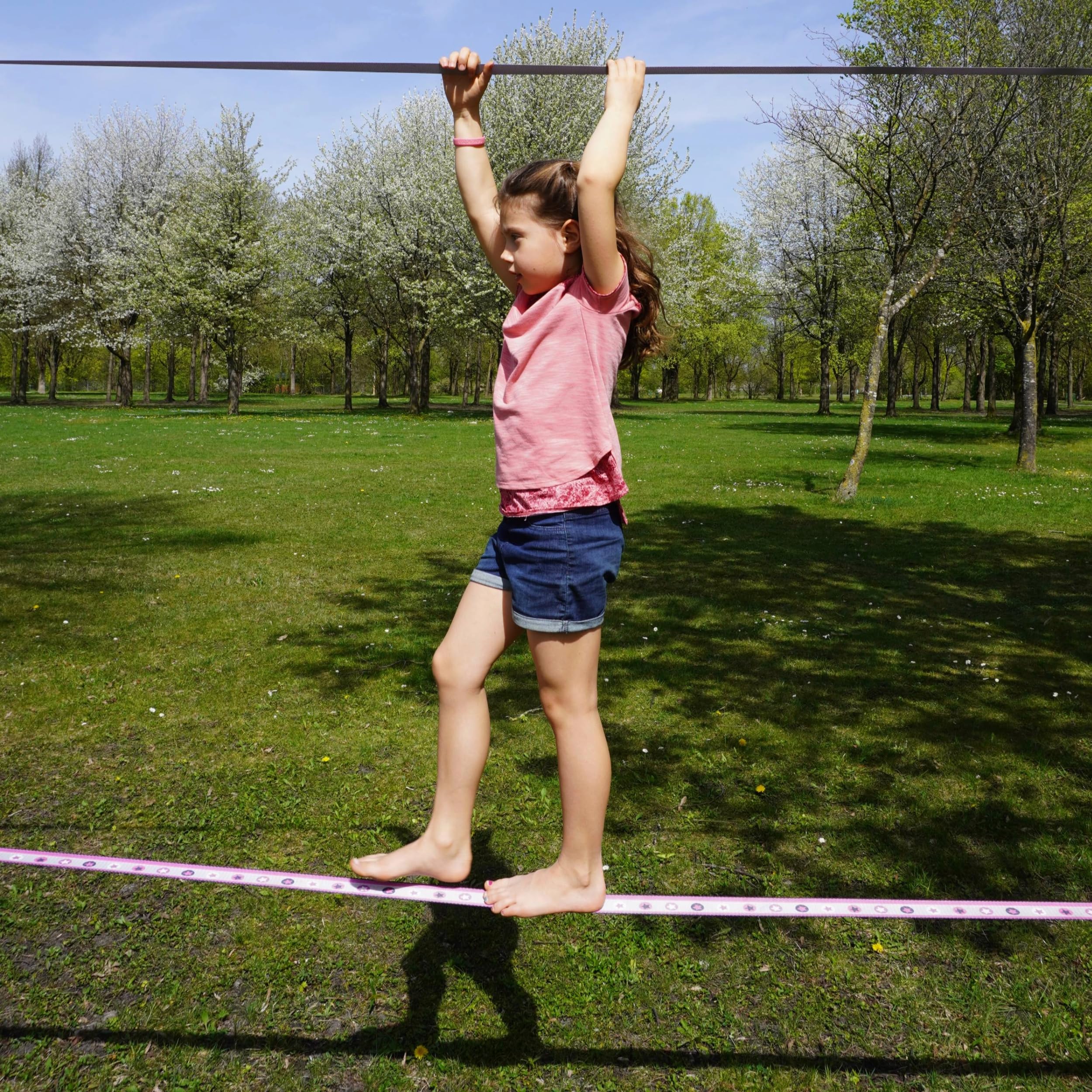 Zestaw Slackline Pink Stars, długość 25 m, kompletny zestaw dla dzieci, początkujących i rodzin, łącznie z linką mocującą i torbą do noszenia (25)
