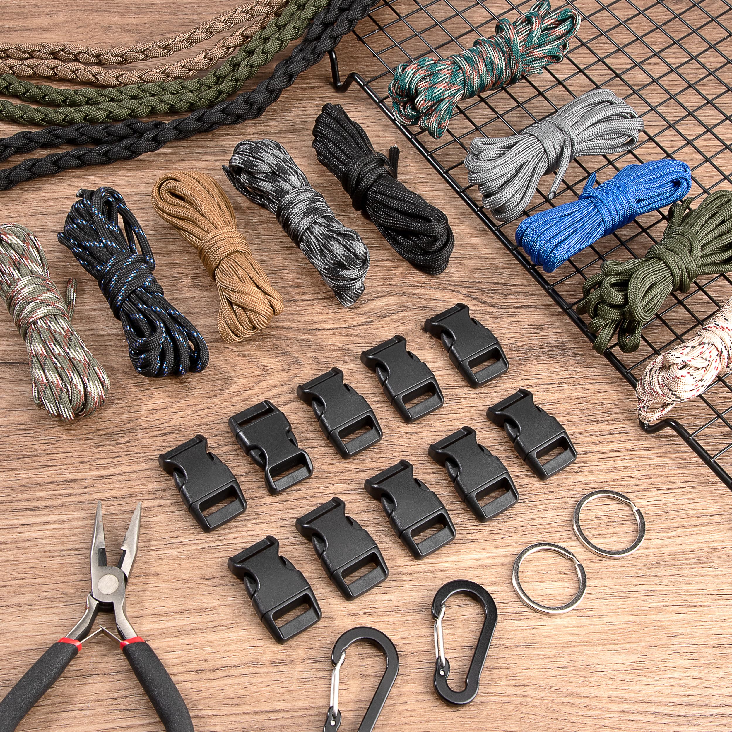 Zestaw Paracord, linka paracord, linka survivalowa typu "zrób to sam", linka spadochronowa, zestaw do rękodzieła z 10 klamrami odblokowującymi, 2 karabińczykami, 2 kółkami na klucze