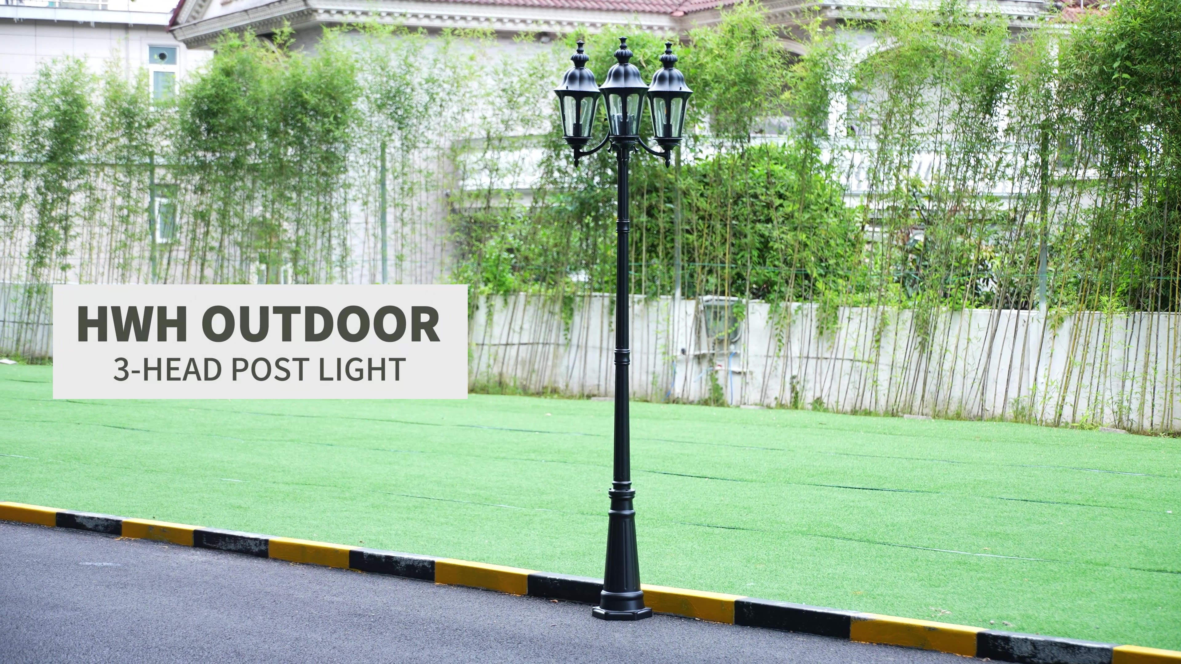 Image of HWH 98 Inch Outdoor Lamp Post Light, Seeded Glass, Waterproof, 5HW90PL-3 BK | Aluminum, Black, 3-Head Pole Light Fixture, Street Light for Garden, Driveway and Yard, Built For Exterior Weather Exposure