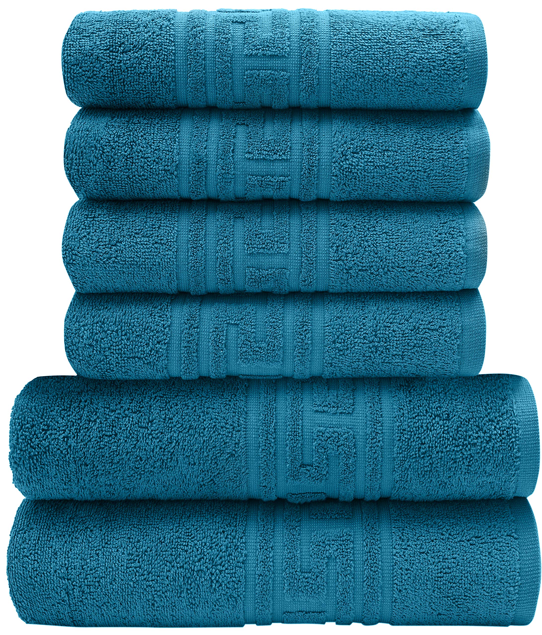 Pleasant Home Premium Bath Towels - 6 Piece Set | 2 Bath Towels & 4 Hand Towels | 100% Cotton, Soft & Absorbant | Greek Key Border Design Set | 520 GSM (Teal)