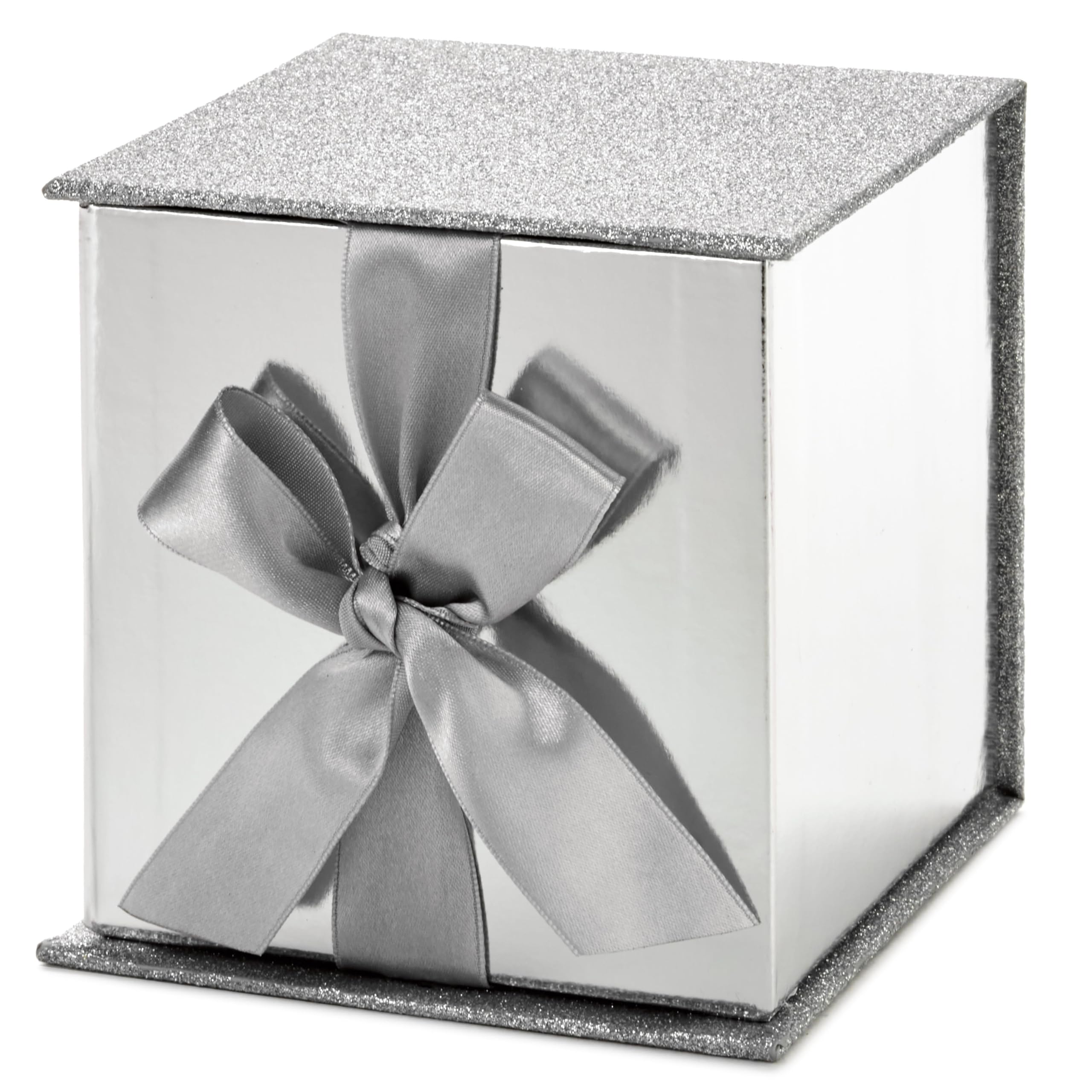 Hallmark Small Gift Box with Bow and Shredded Paper Fill (Silver Signature 4 inch Gift Box with Glitter) for Weddings, Graduations, Bridal Showers, Anniversaries, All Occasion
