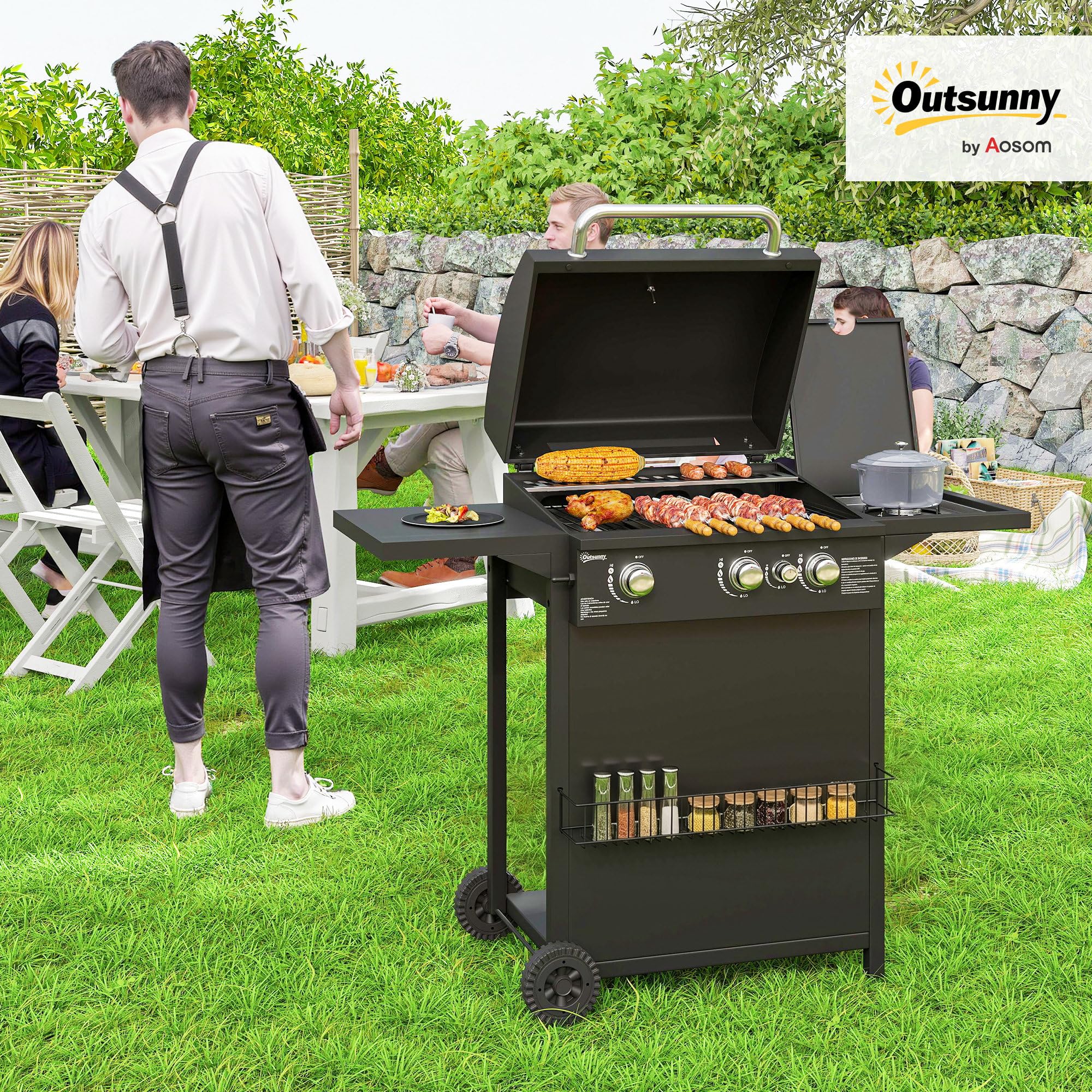 Outsunny Barbecue Gaz 3+1 Brûleurs en Acier, Puissance 9,5 kW, Grill de Jardin avec 2 Grilles Chromées, Étagères Latérales, Couvercle, Thermomètre, 2 Roues, Noir