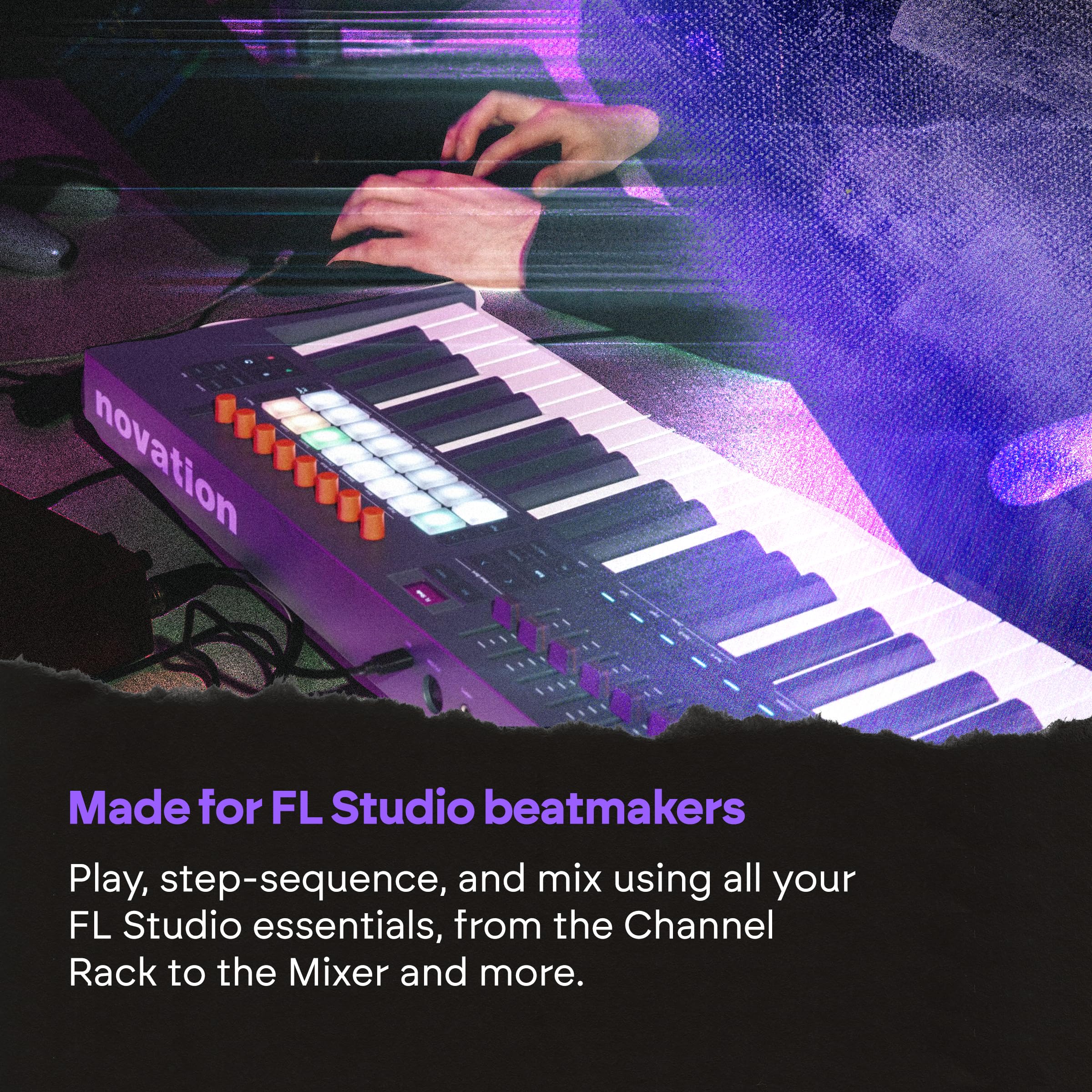 Novation FLkey 2 49 — clavier USB MIDI semi-lesté pour FL Studio. Créez des beats avec des molettes de pitchbend et de modulation, 16 pads rythmiques, un arpégiateur et 6 mois d’abonnement à FL Studio