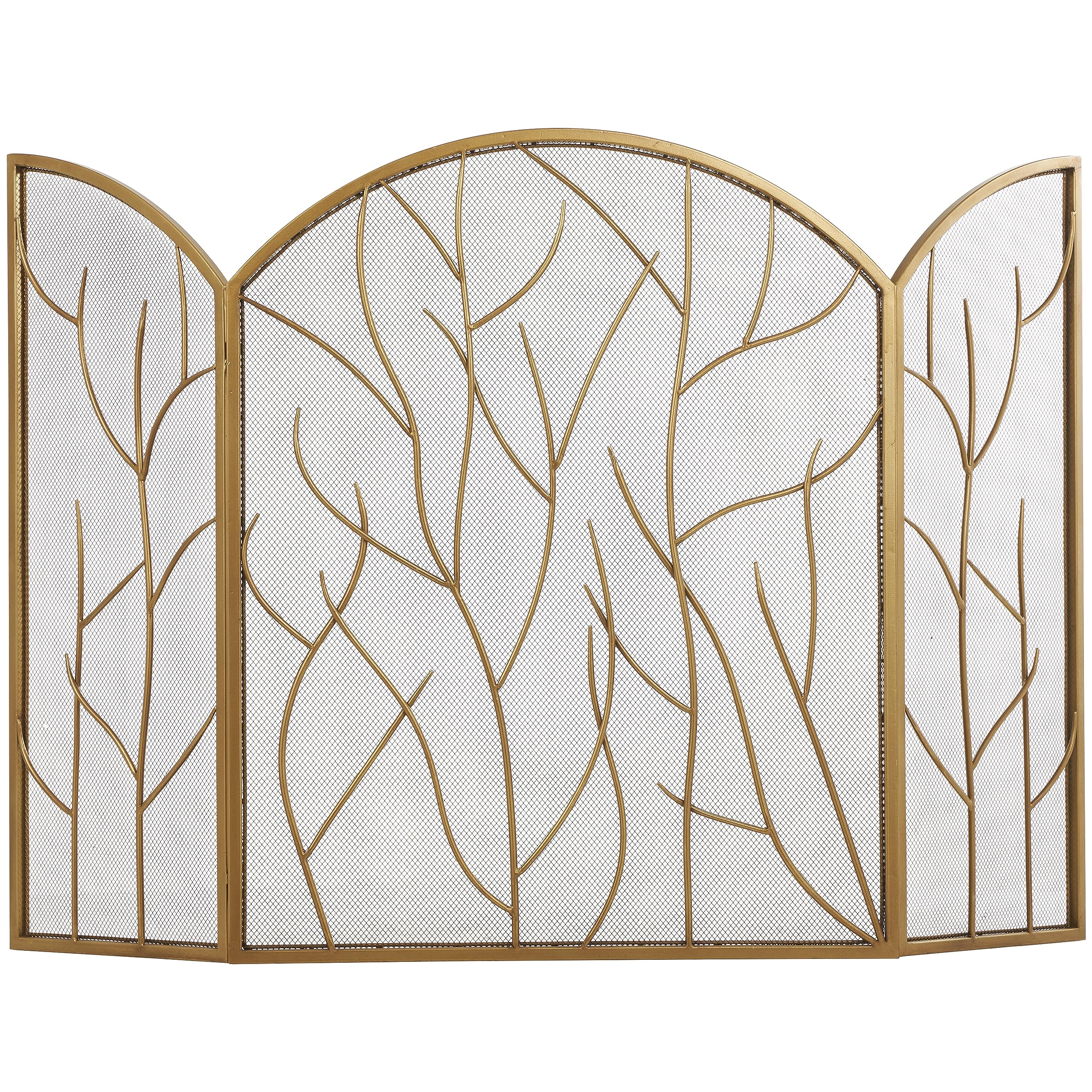 Deco 79Metal Tree Arched 3 Panel Fireplace Screen with Branch Inspired Design, 25" x 12" x 31", Gold