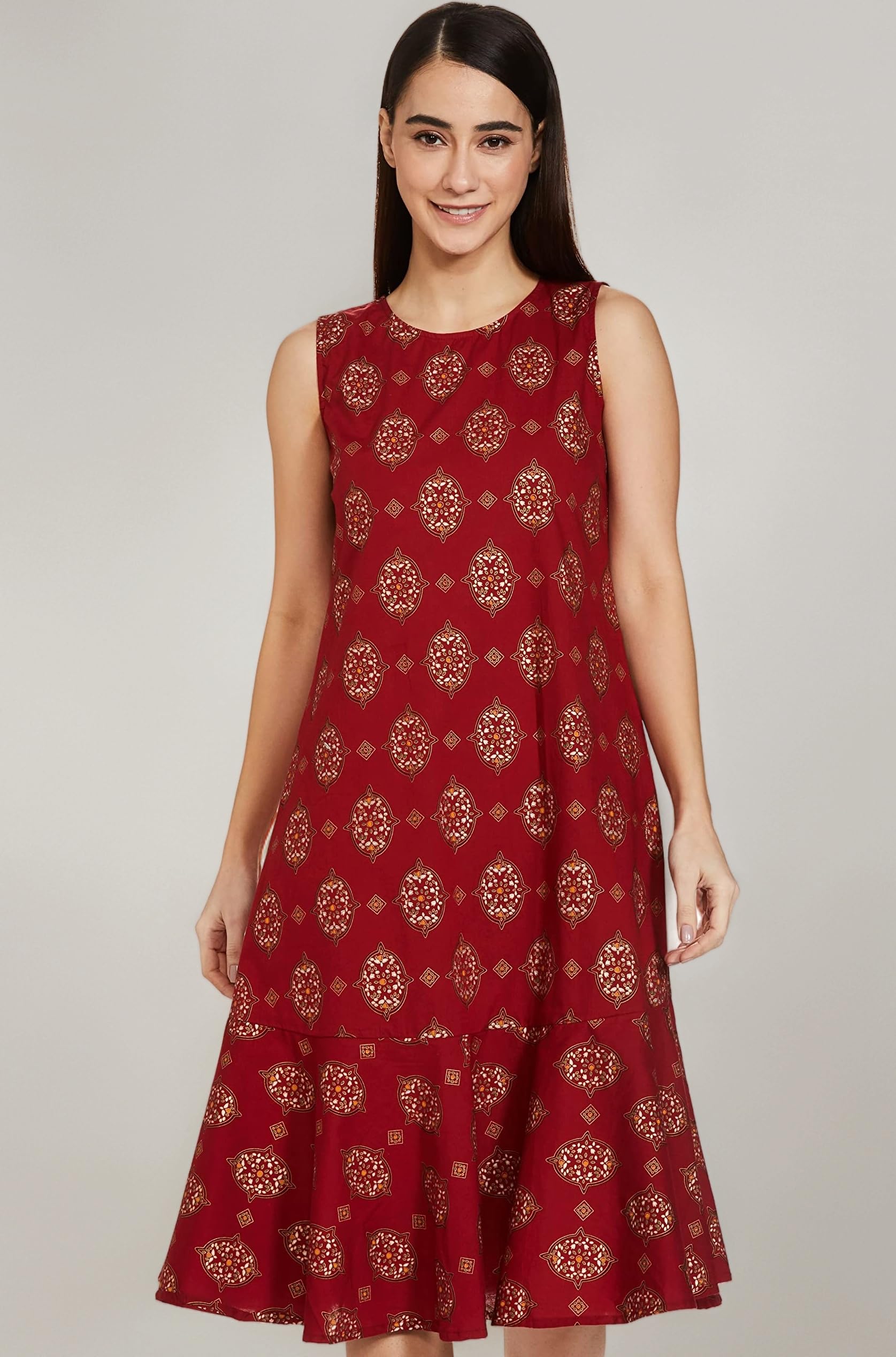 Women's Cotton Knee-Length Rayon A-line Dress (PAG 101_Golden JAAL RED_3XL)