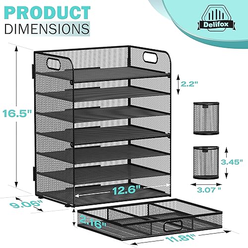 Miniatura 2 de Delifox Organizador de bandejas de papel de 7 niveles para escritorio, organizador de archivos de malla, almacenamiento de documentos con cajón y 2