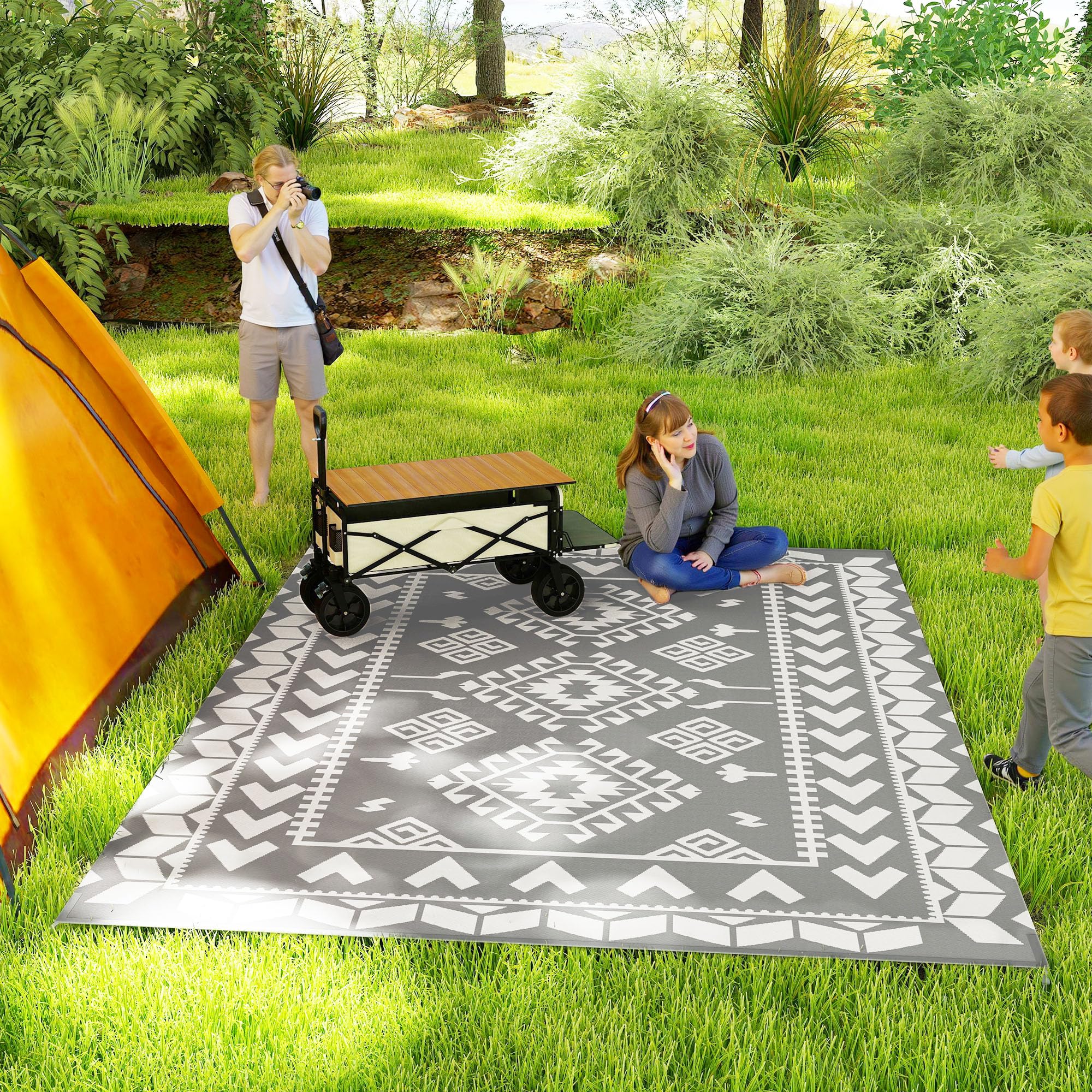 outsunny reversible outdoor rug, 9' x 12' waterproof plastic straw floor mat, portable rv camping carpet, large floor mat for backyard, deck, picnic, beach, gray & white rhombus patchwork