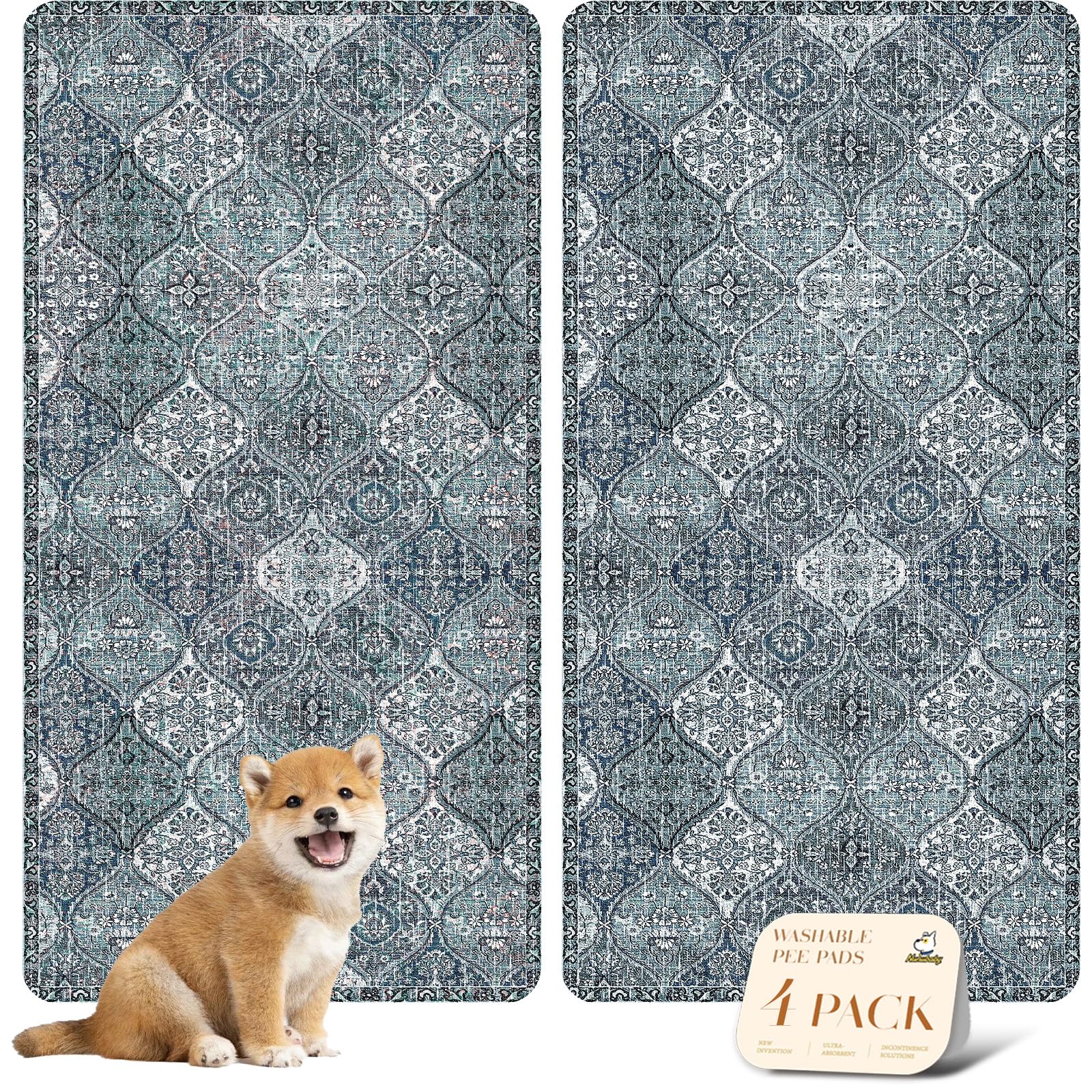 nunubaby 4PACK Washable Pee Pads for Dogs, Stylish, Non-Slip and Leak-Proof Pee Pads. Reusable Potty Pads for Dogs for Crates and Floors.(Blue/Multi,24" x48" )